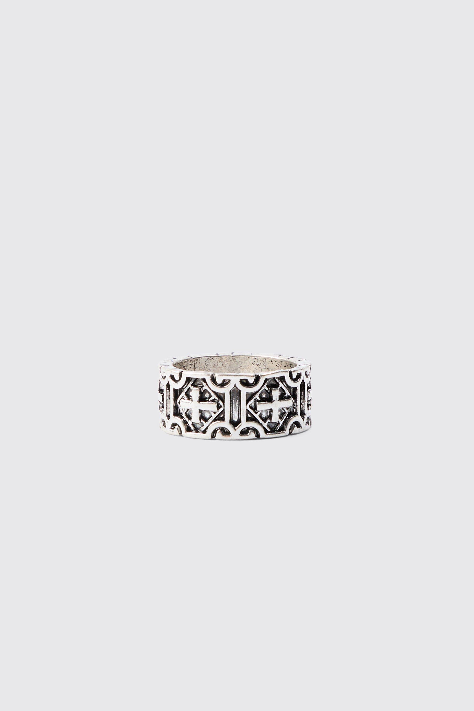 Mens Grey Cross Embossed Ring In Silver, Grey