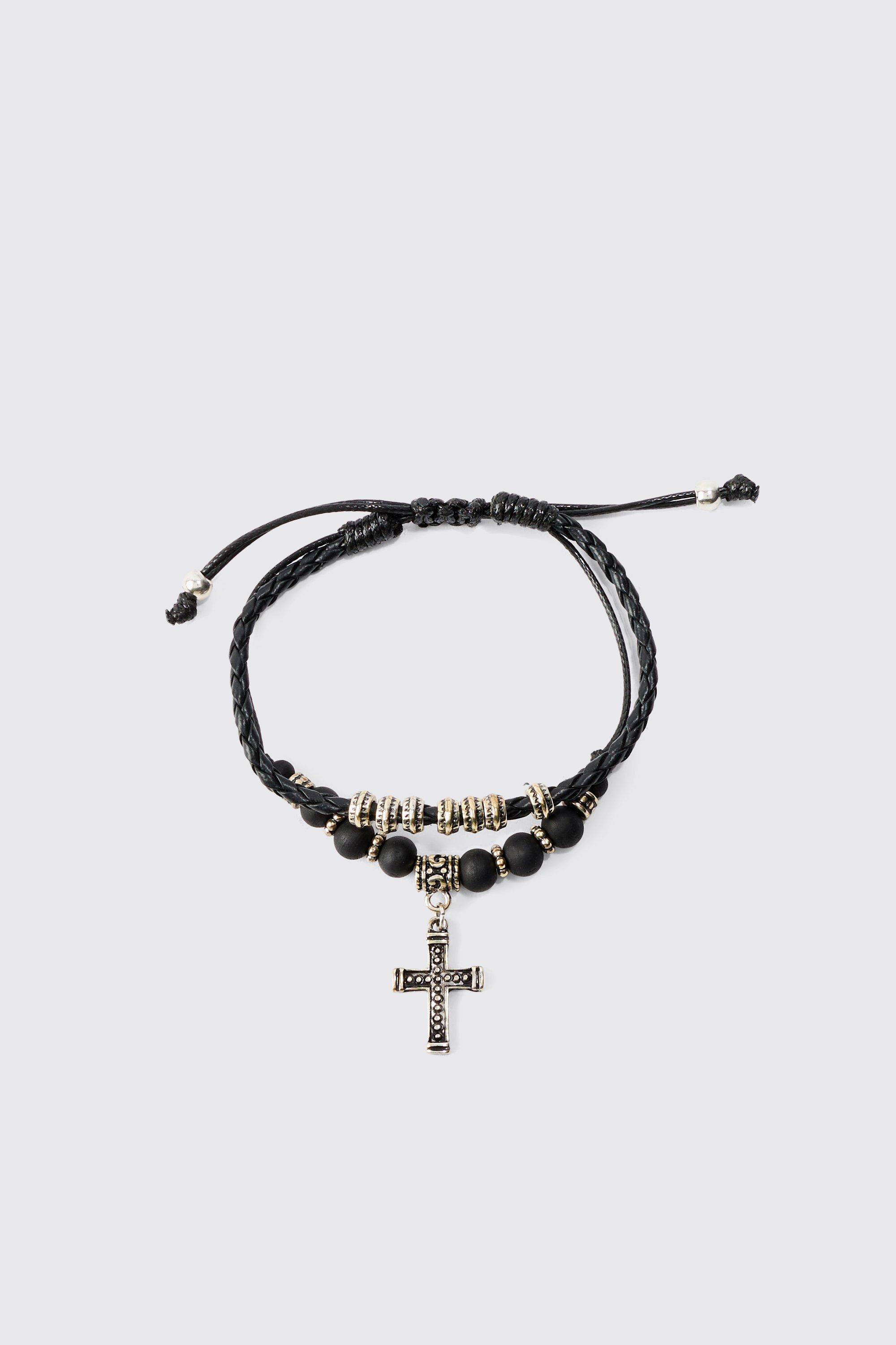 Mens 2 Pack Adjustable Cross Pendant Bracelets In Black, Black