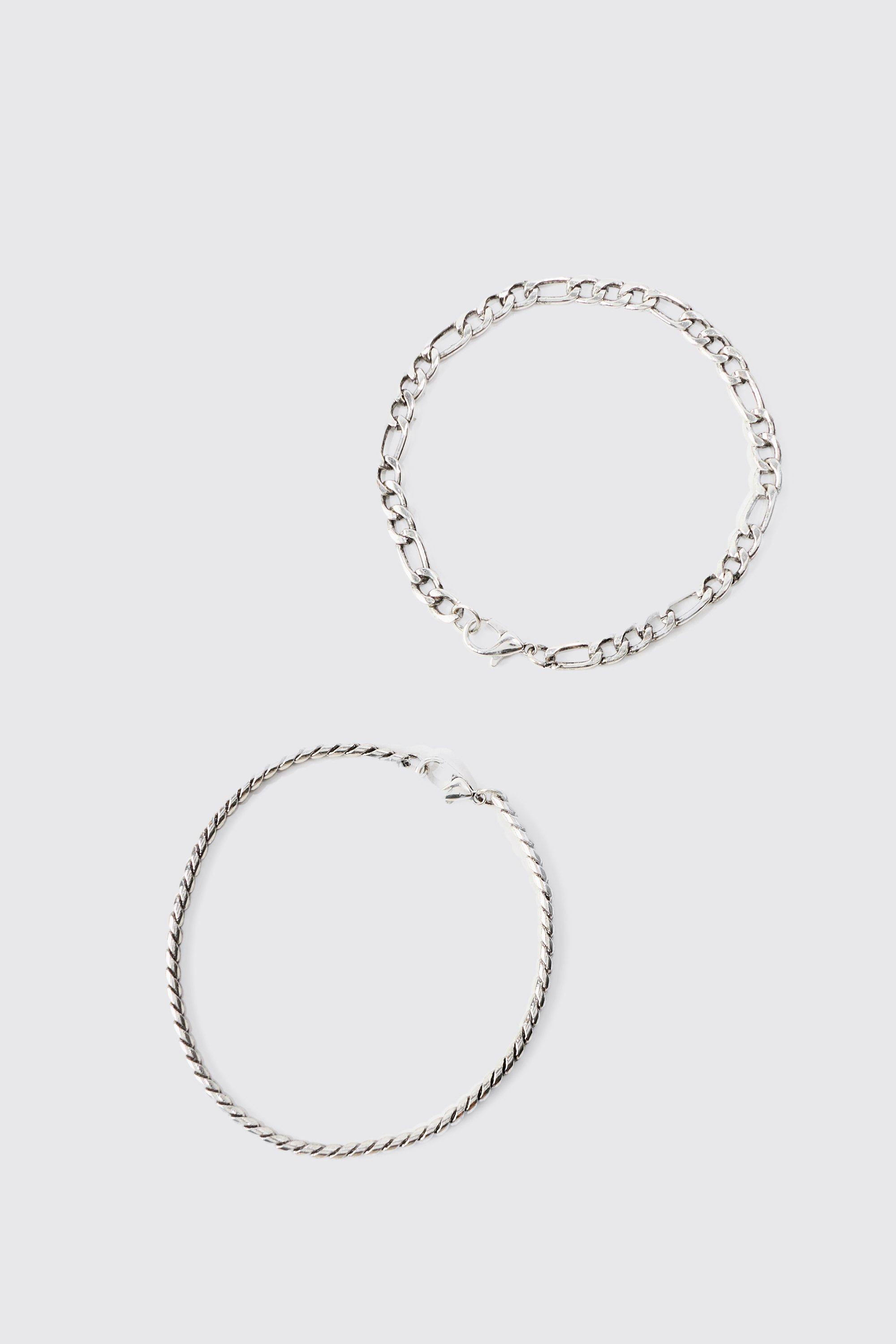 Mens Grey 2 Pack Chain Bracelets In Silver, Grey