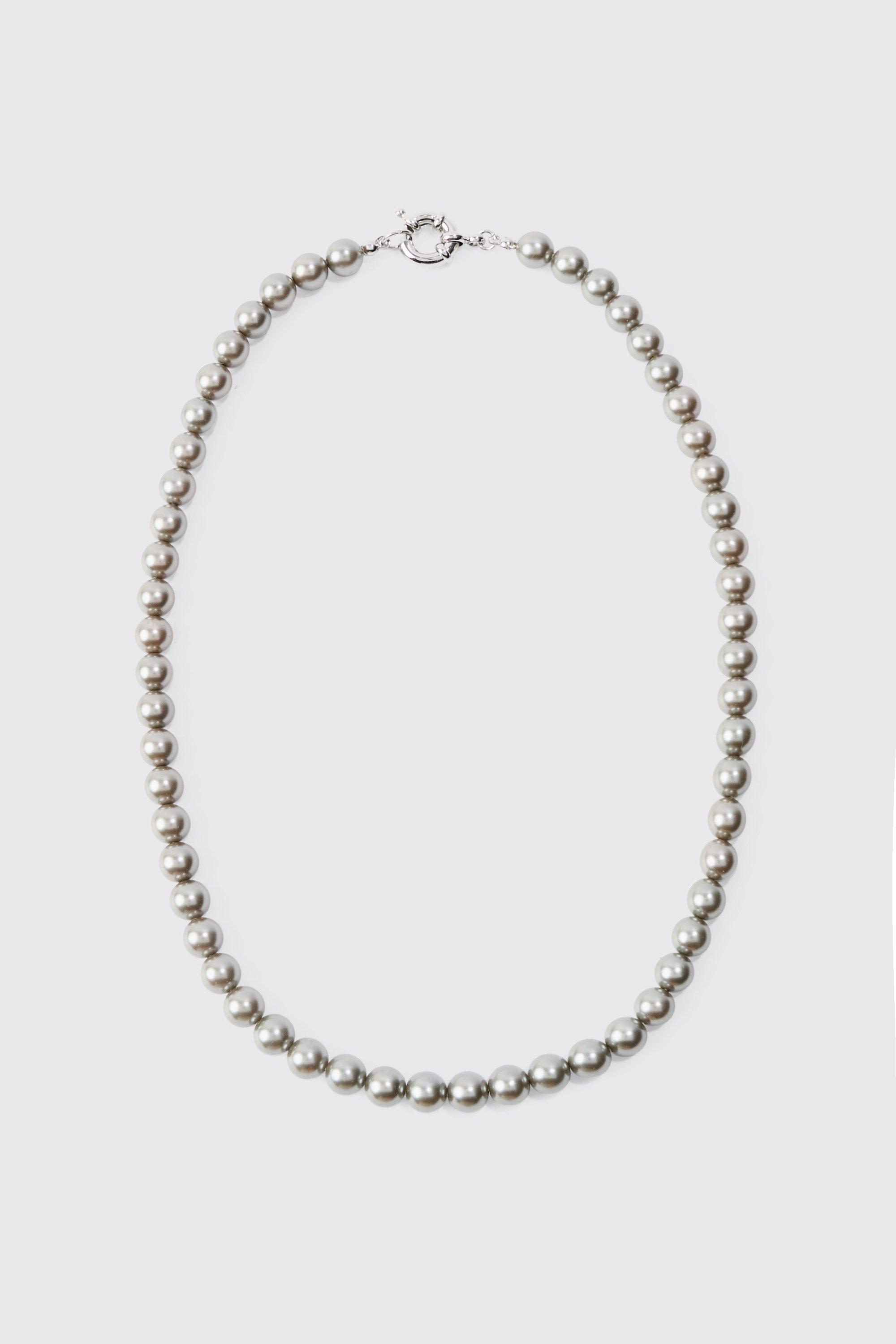 Mens Grey 220mm Pearl Bead Necklace In Charcoal, Grey