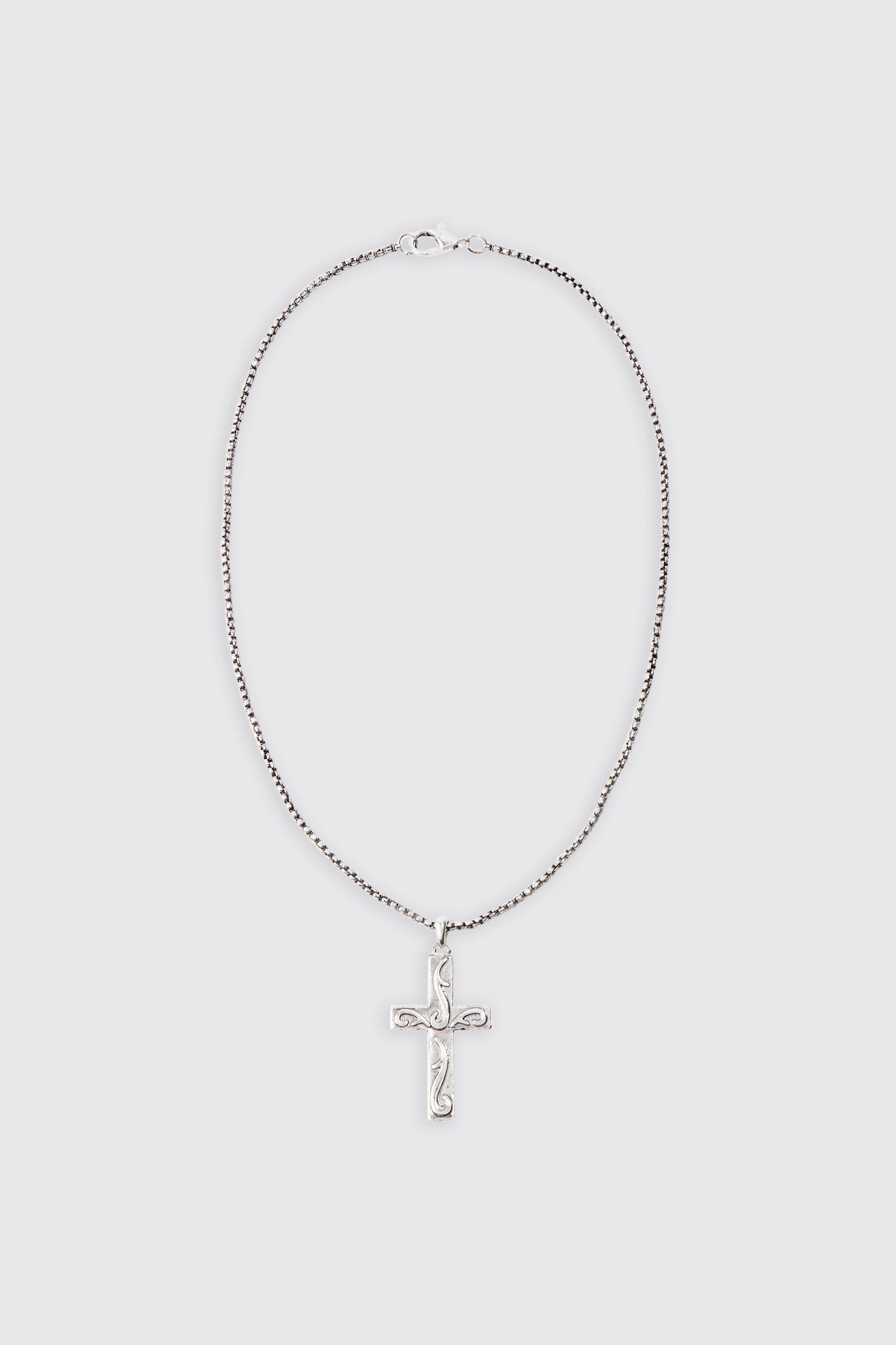 Mens Grey 220mm Cross Pendant Chain Necklace In Silver, Grey