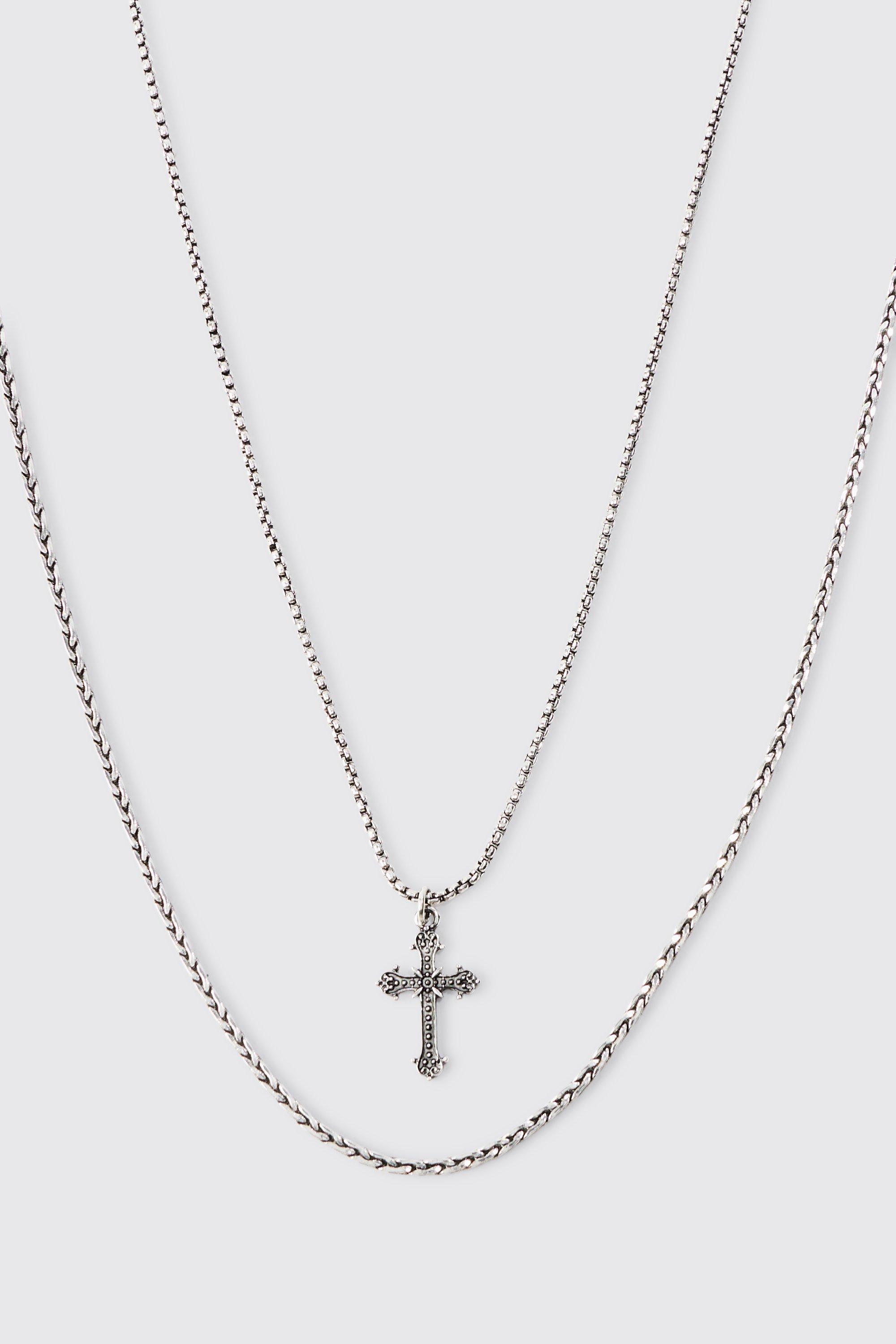 Mens Grey 2 Pack Cross Pendant Necklace In Silver, Grey