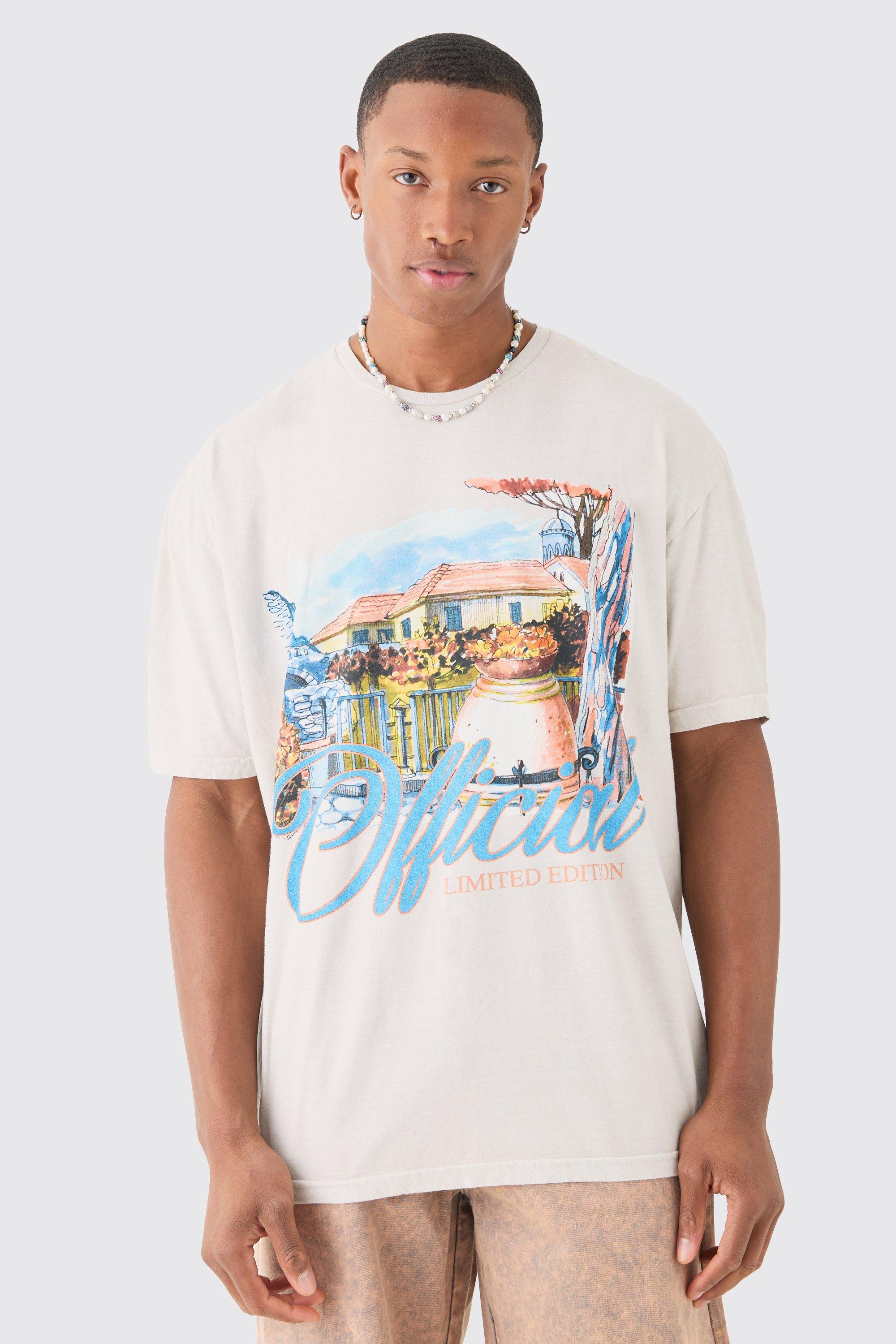 Mens Beige Oversized Washed Paint Landscape Print T-shirt, Beige