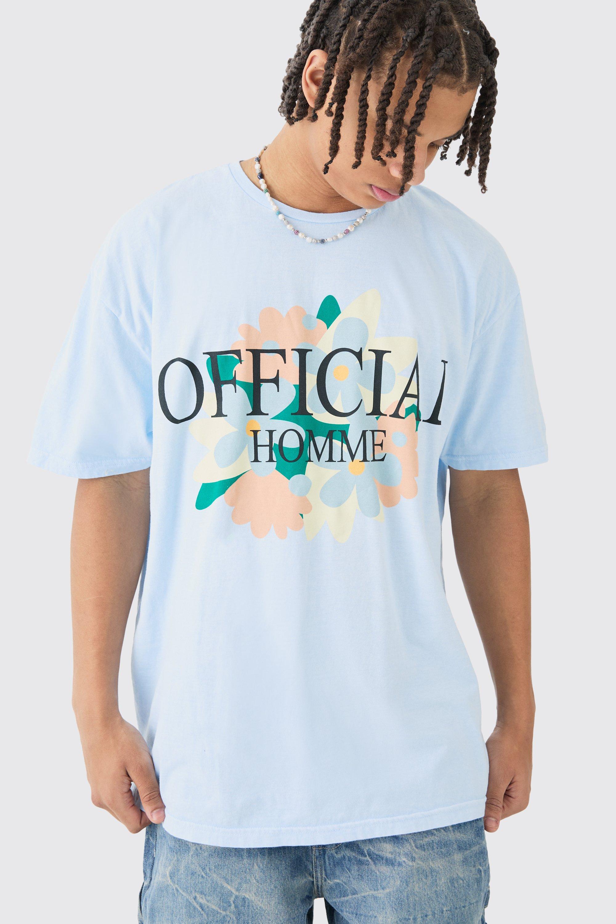 Image of Oversized Extended Neck Floral Wash T-shirt, Azzurro