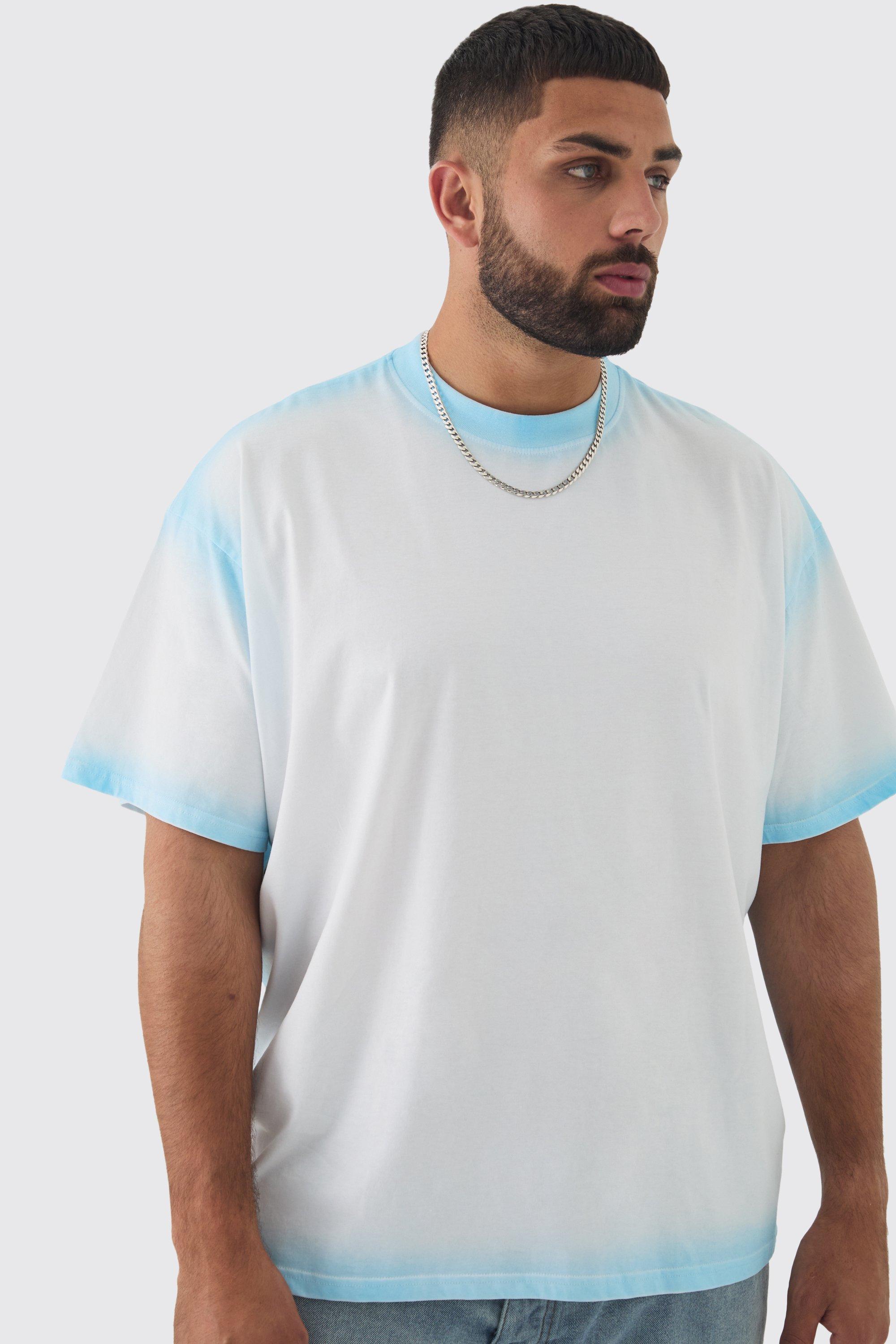 Mens White Plus Oversized Extended Neck Spray Wash T-shirt, White