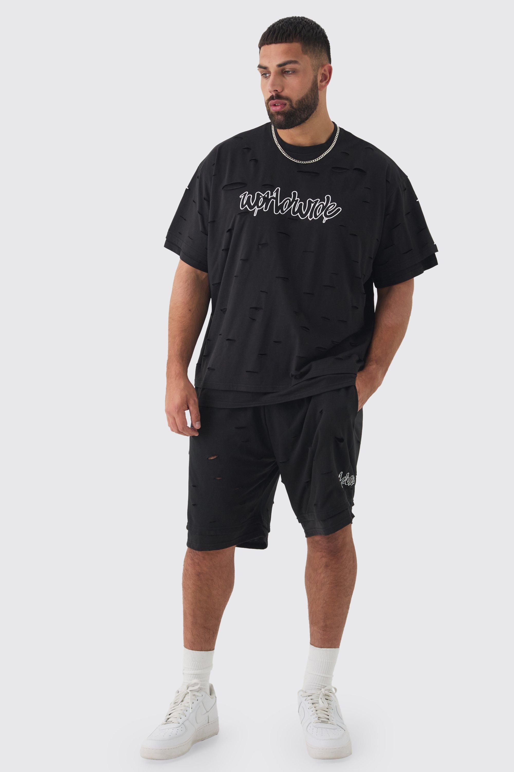 Mens Black Plus Oversized Distressed Double Layer Worldwide T-Shirt & Short Set, Black