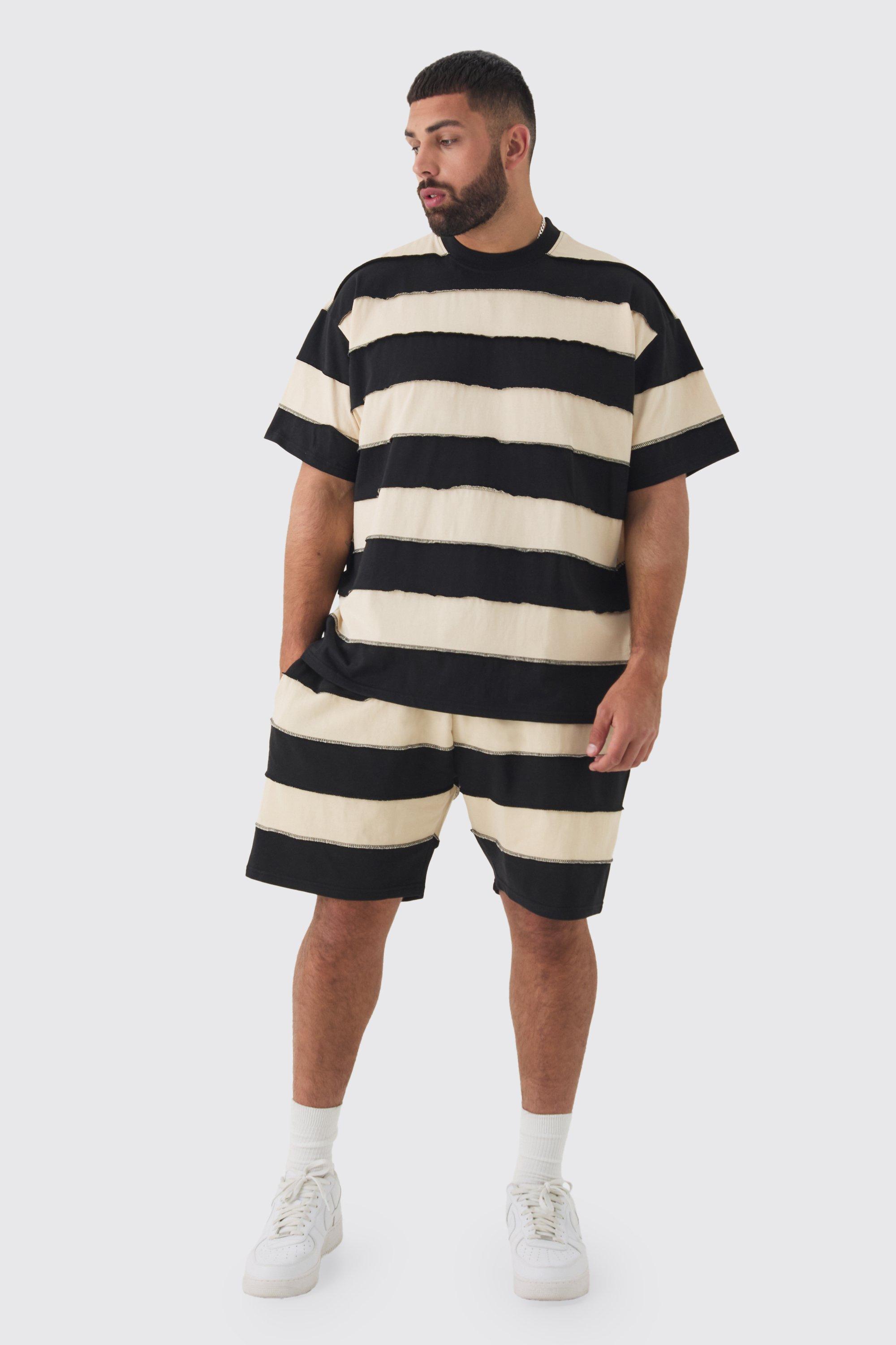 Mens Multi Plus Oversized Stripe Raw Seam T-shirt & Short Set, Multi