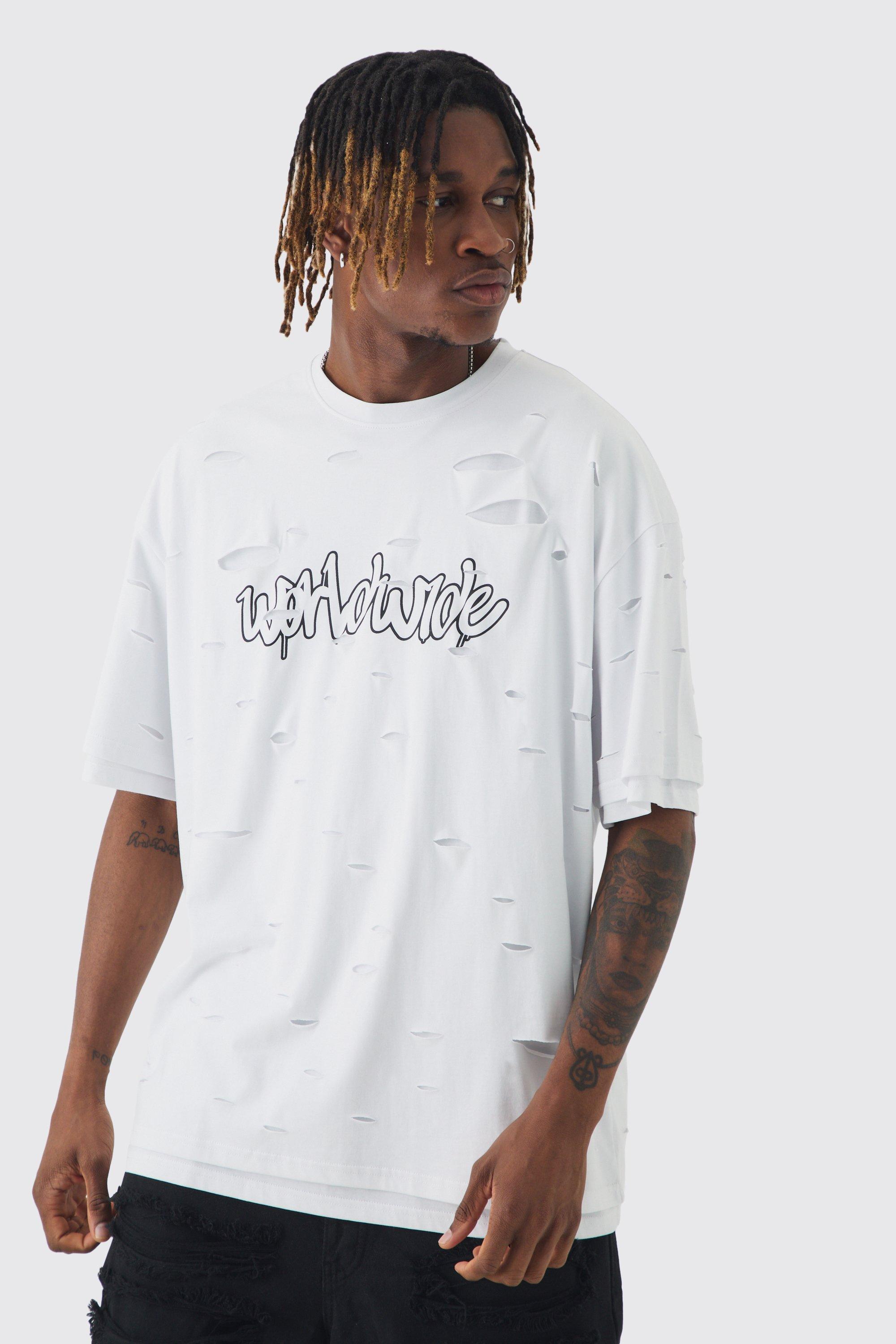 Mens White Tall Oversized Double Layer Worldwide T-shirt, White