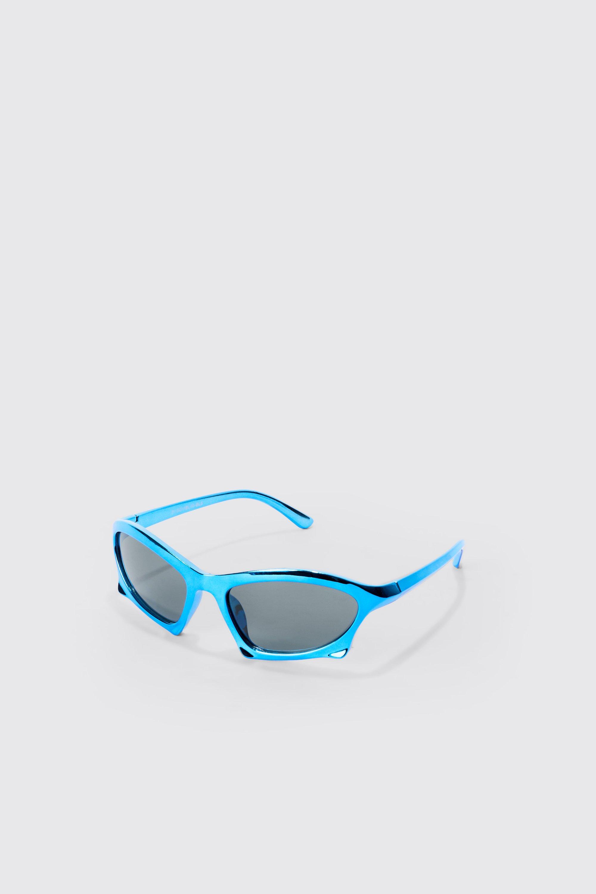 Mens Blue Curved Frame Racer Sunglasses In Cobalt, Blue