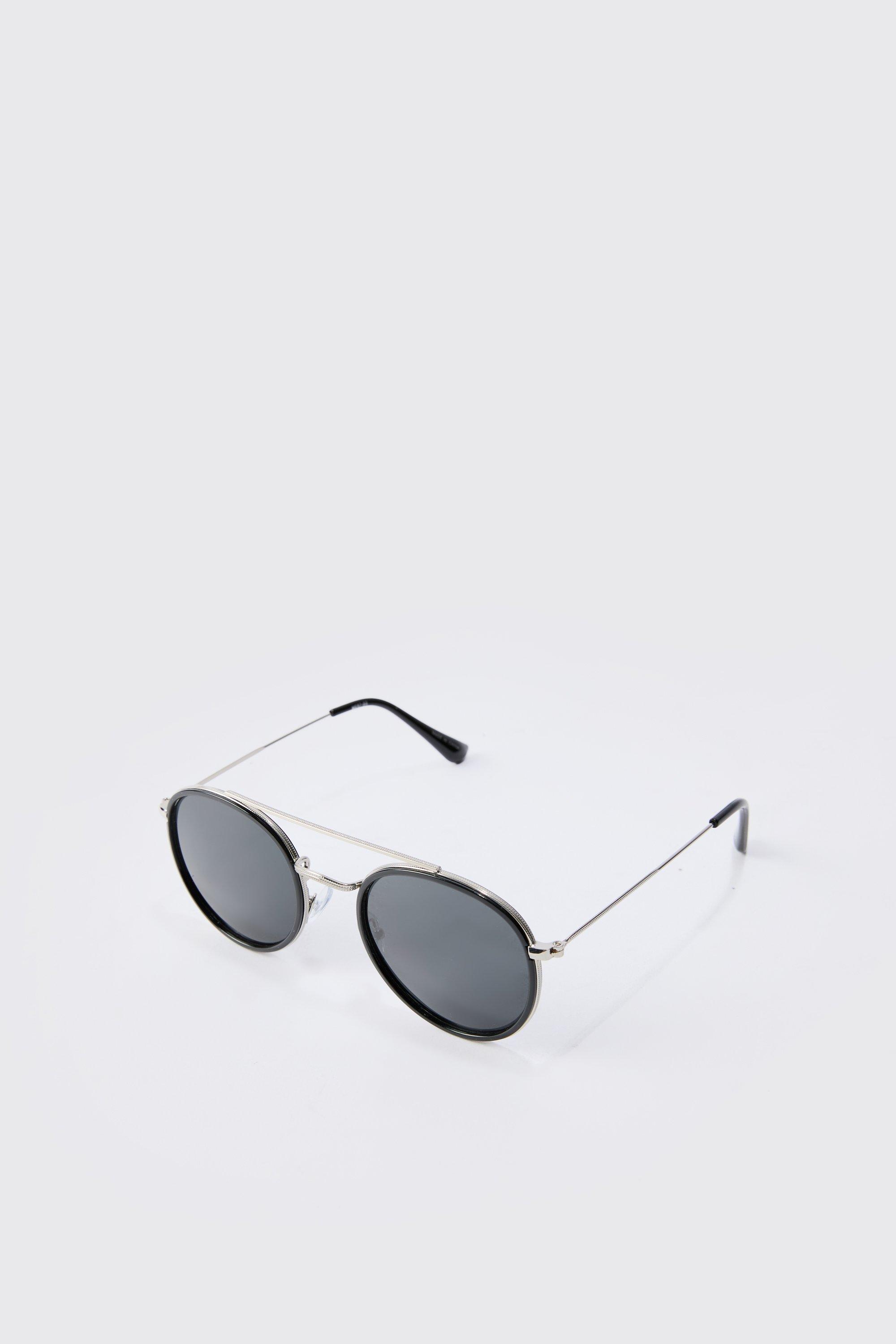 Mens Round Aviator Sunglasses In Black, Black