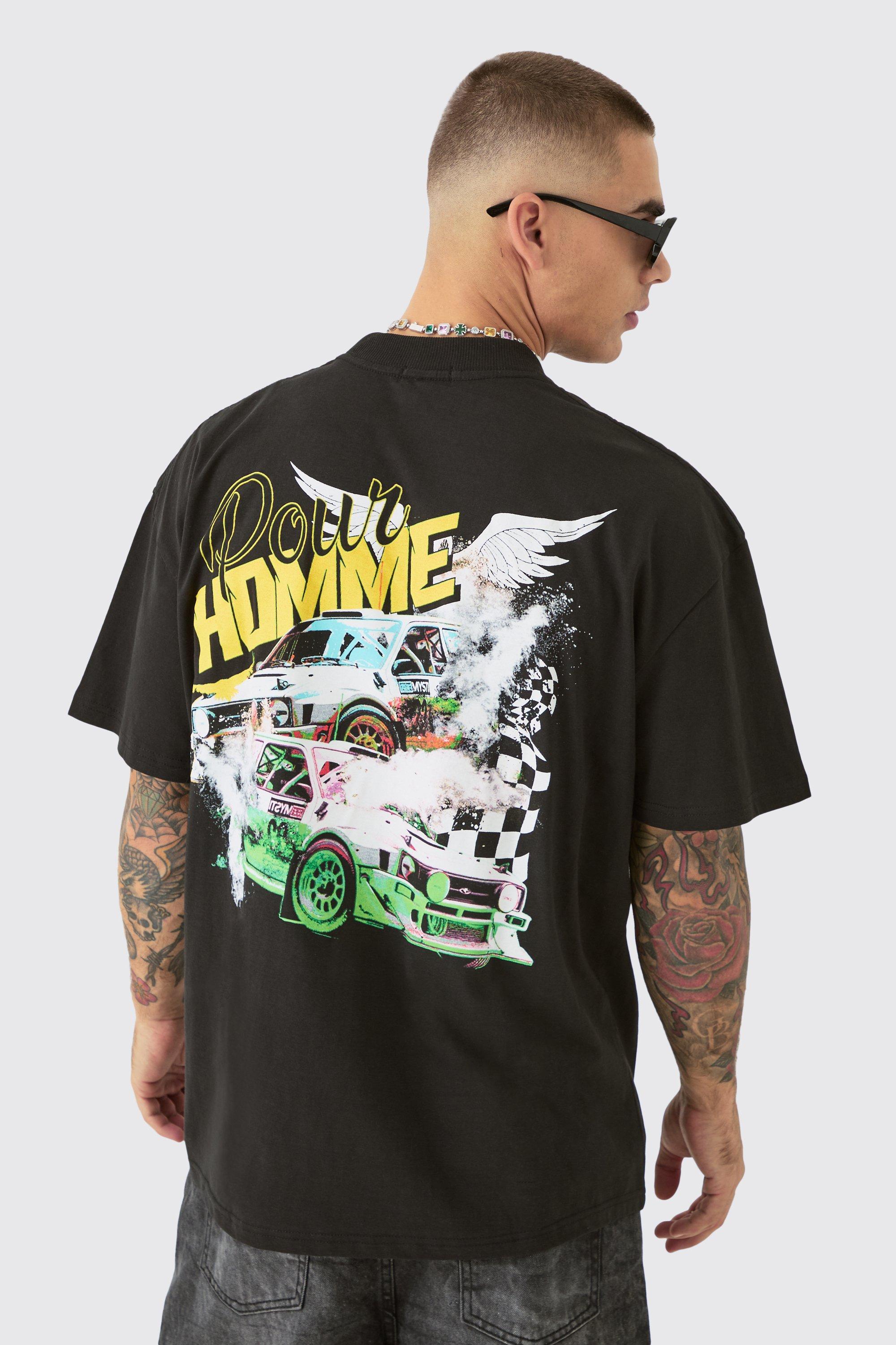 Mens Black Oversized Extended Neck Race Car Graphic Back Print T-shirt, Black