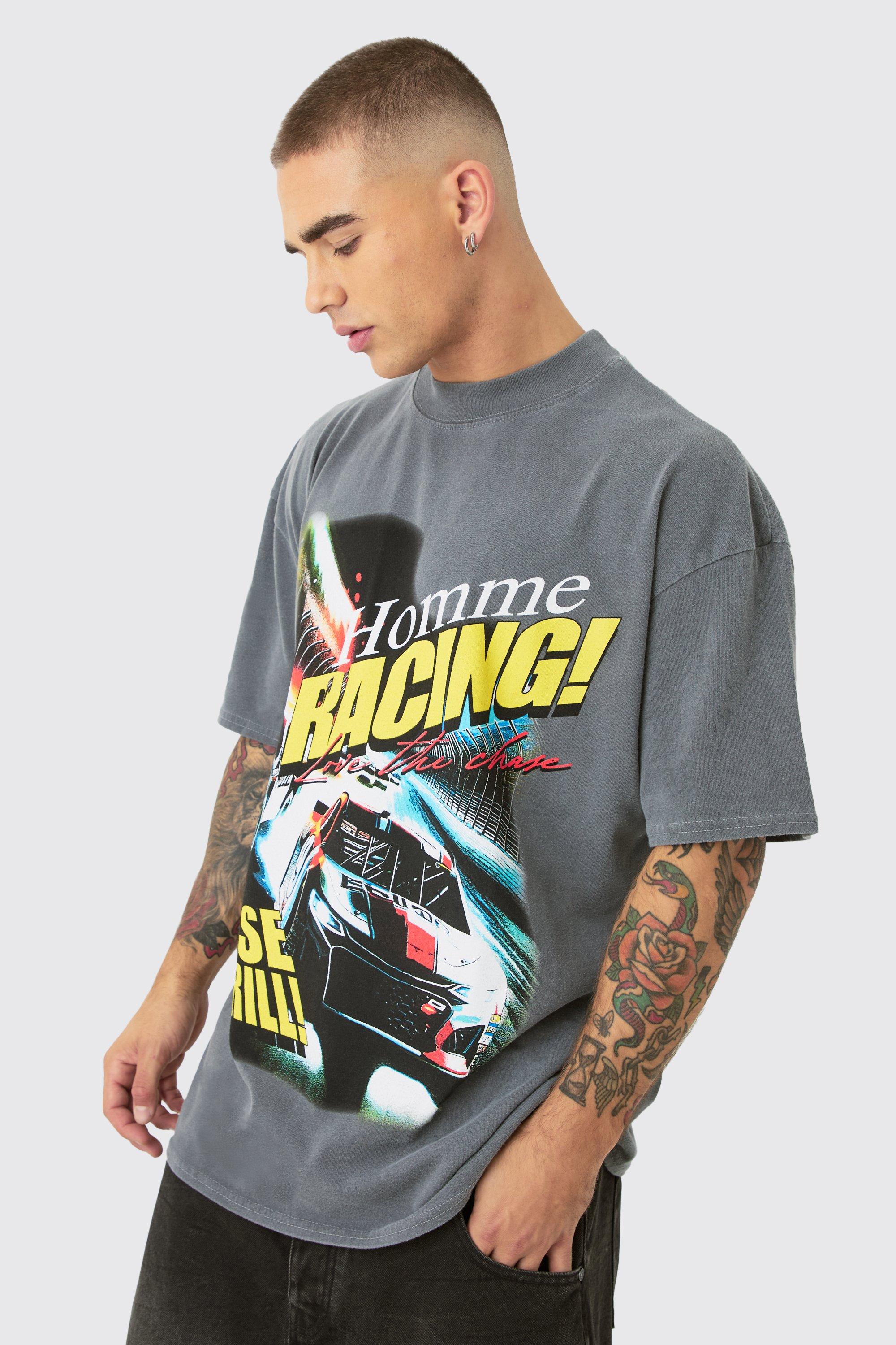 Mens Grey Oversized Car Chase Graphic T-shirt, Grey