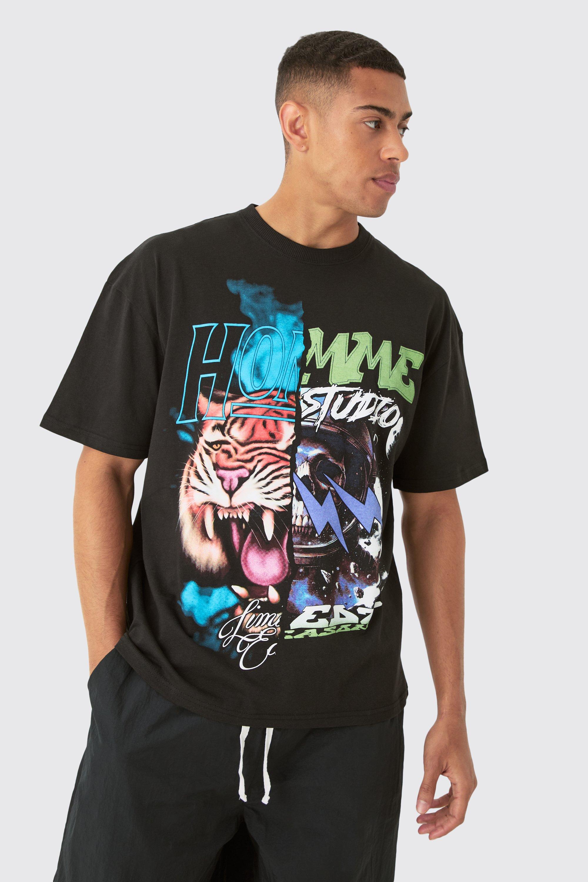 Image of Oversized Tiger Space Graphic T-shirt, Nero