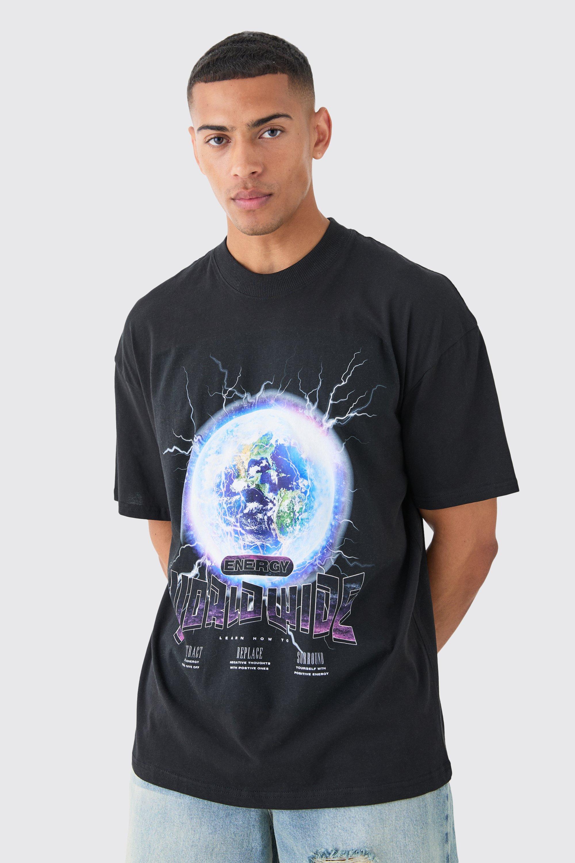 Image of Oversized Extended Neck Earth Graphic T-shirt, Nero