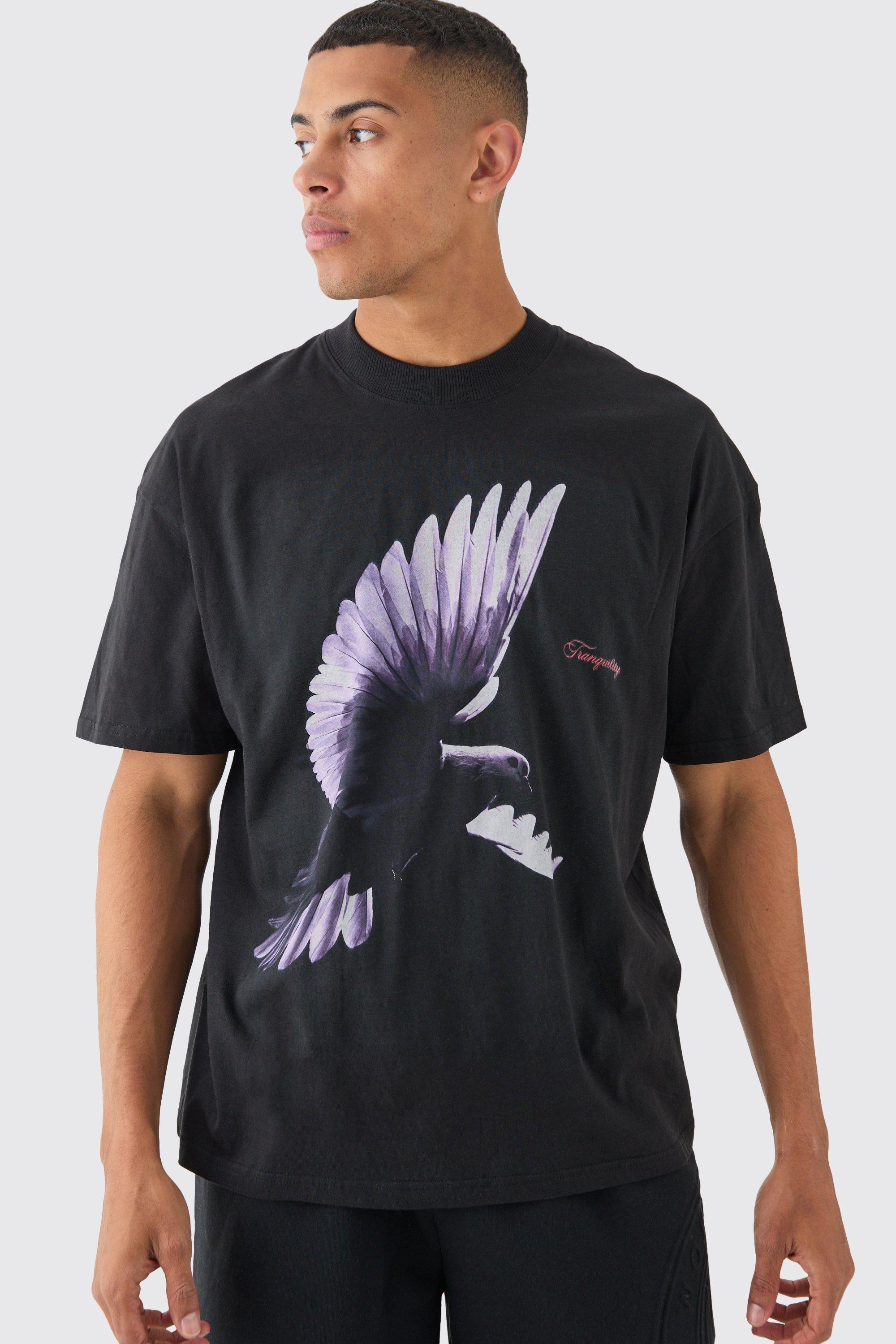 Mens Black Extended Neck Dove Graphic T-shirt, Black