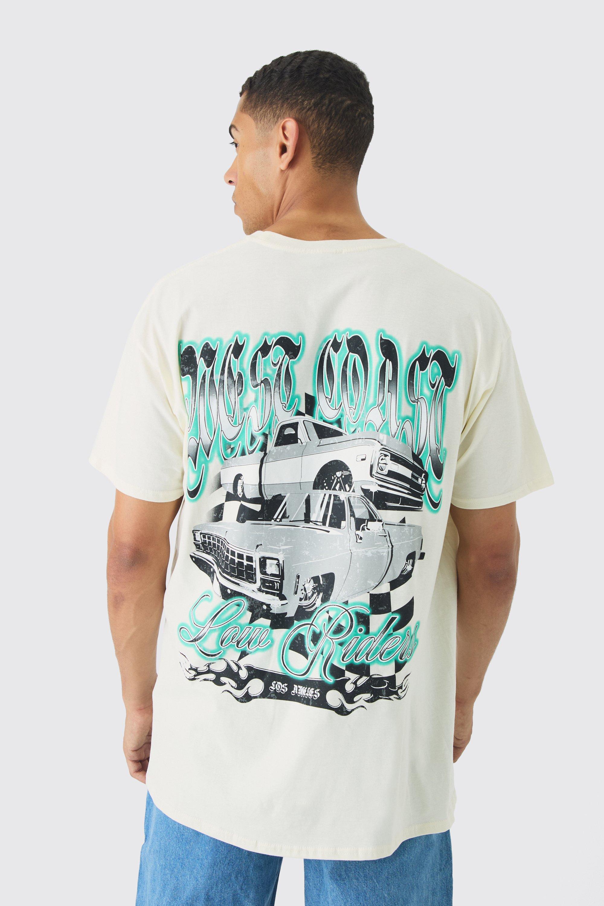 Mens Cream Oversized Extended Neck East Coast Car Back Print T-shirt, Cream