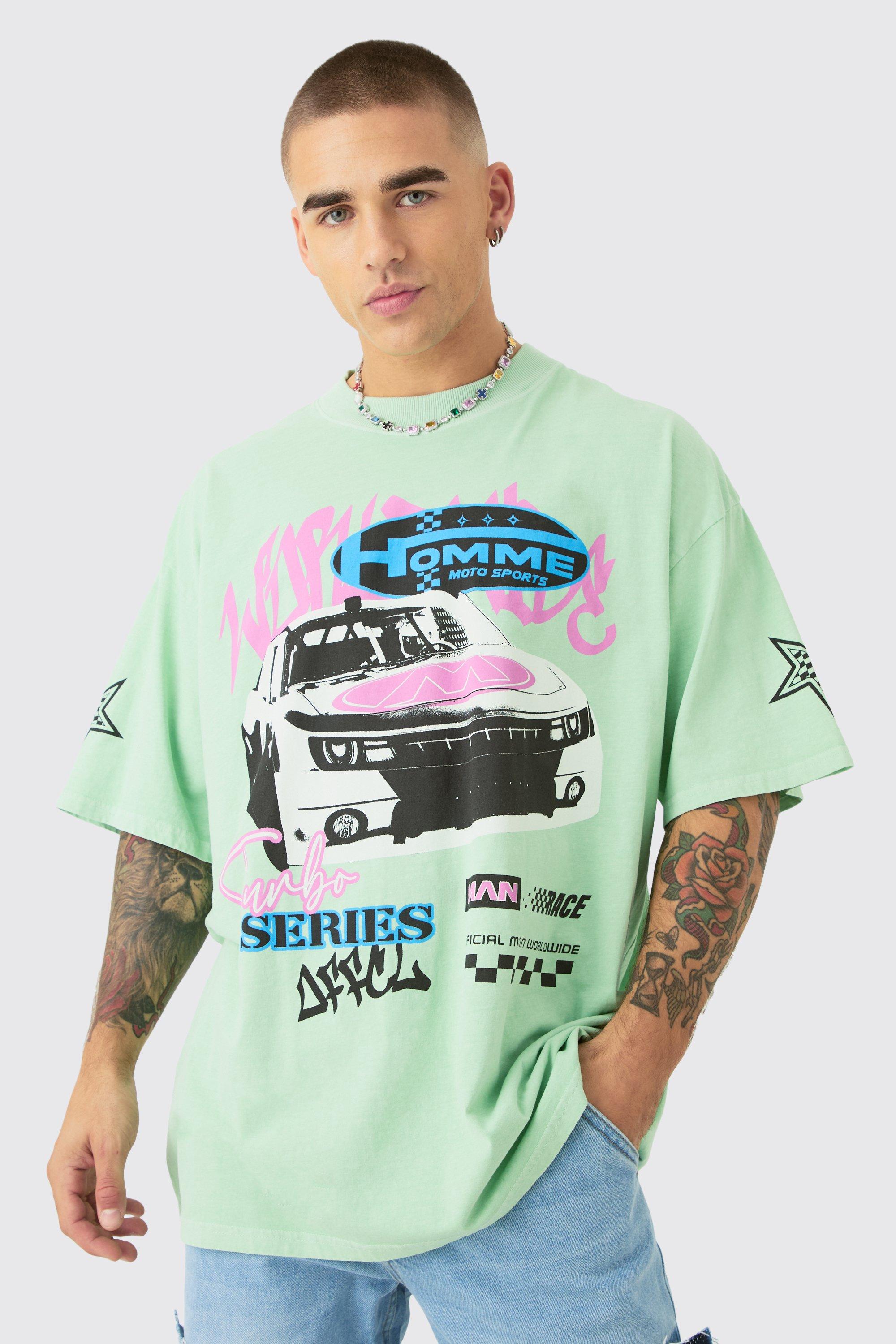 Mens Green Oversized Graffiti Car Graphic Wash T-shirt, Green