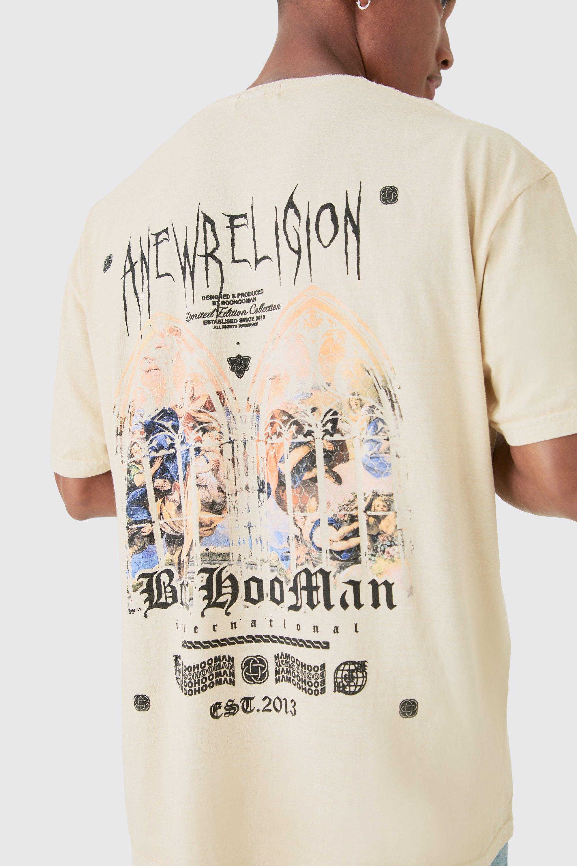 Image of Oversized Washed Anew Religion Print T-shirt, Cream