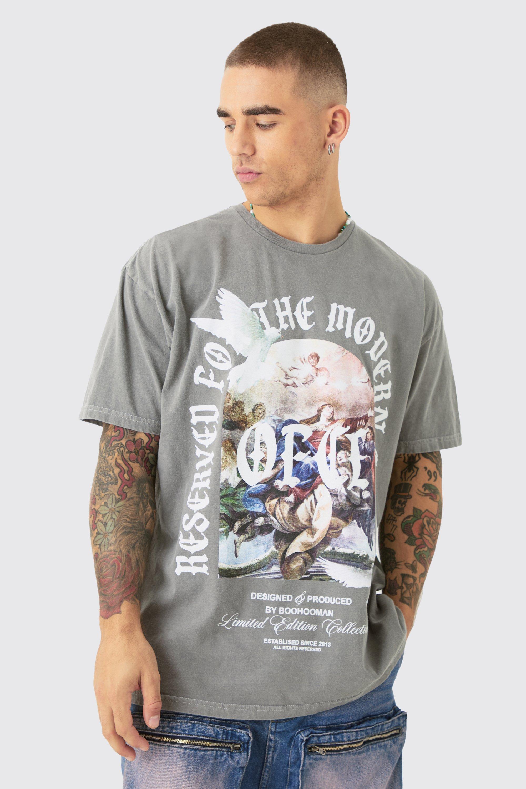 Mens Grey Oversized Wash Renaissance Ofcl Print T-shirt, Grey