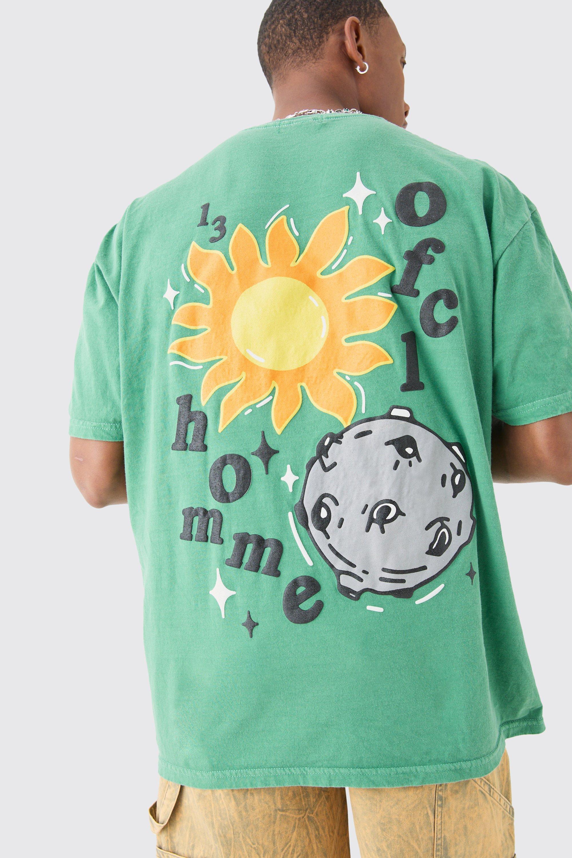 Image of Oversized Floral Space Puff Print Wash T-shirt, Verde