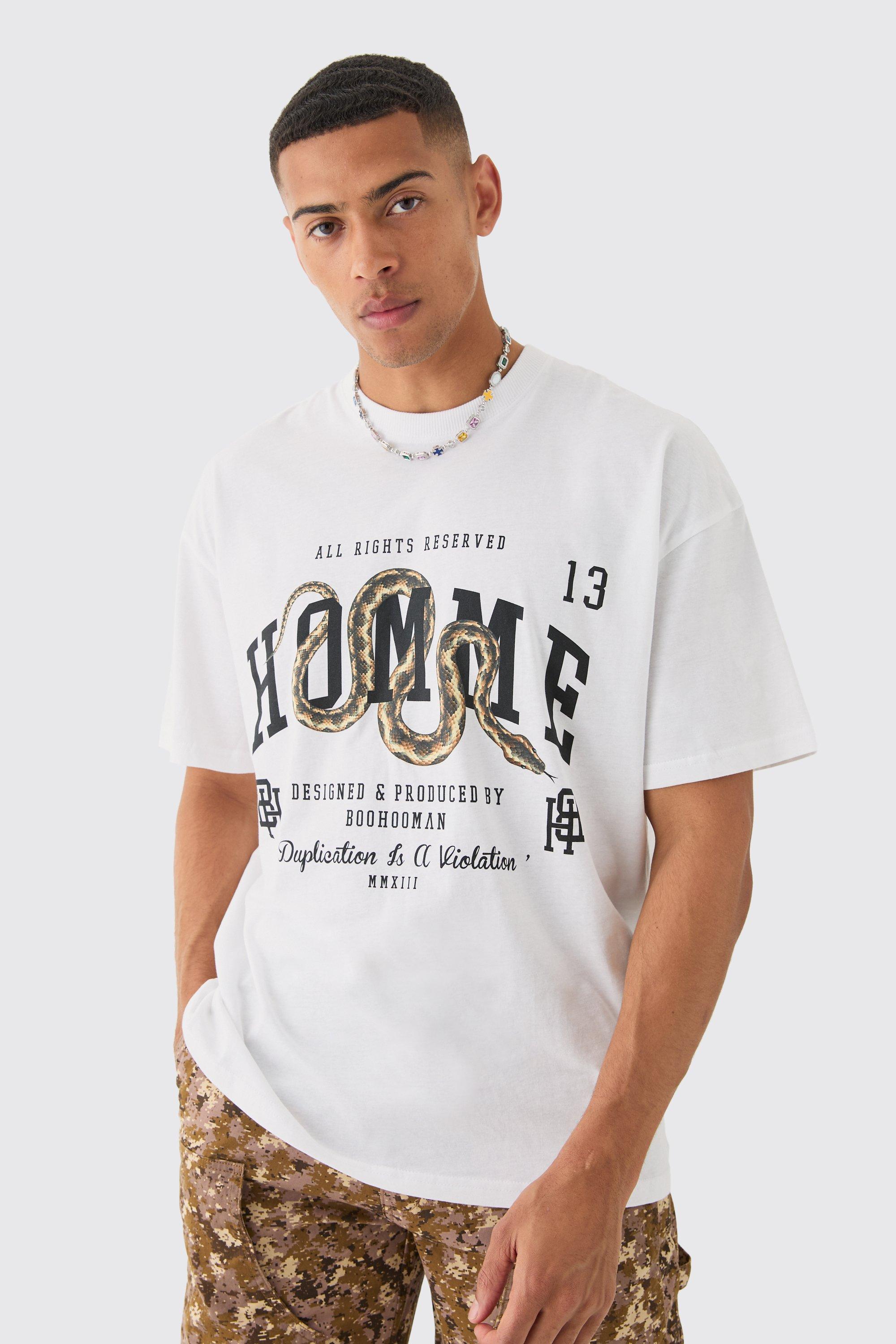 Mens White Oversized Homme Snake Print T-shirt, White