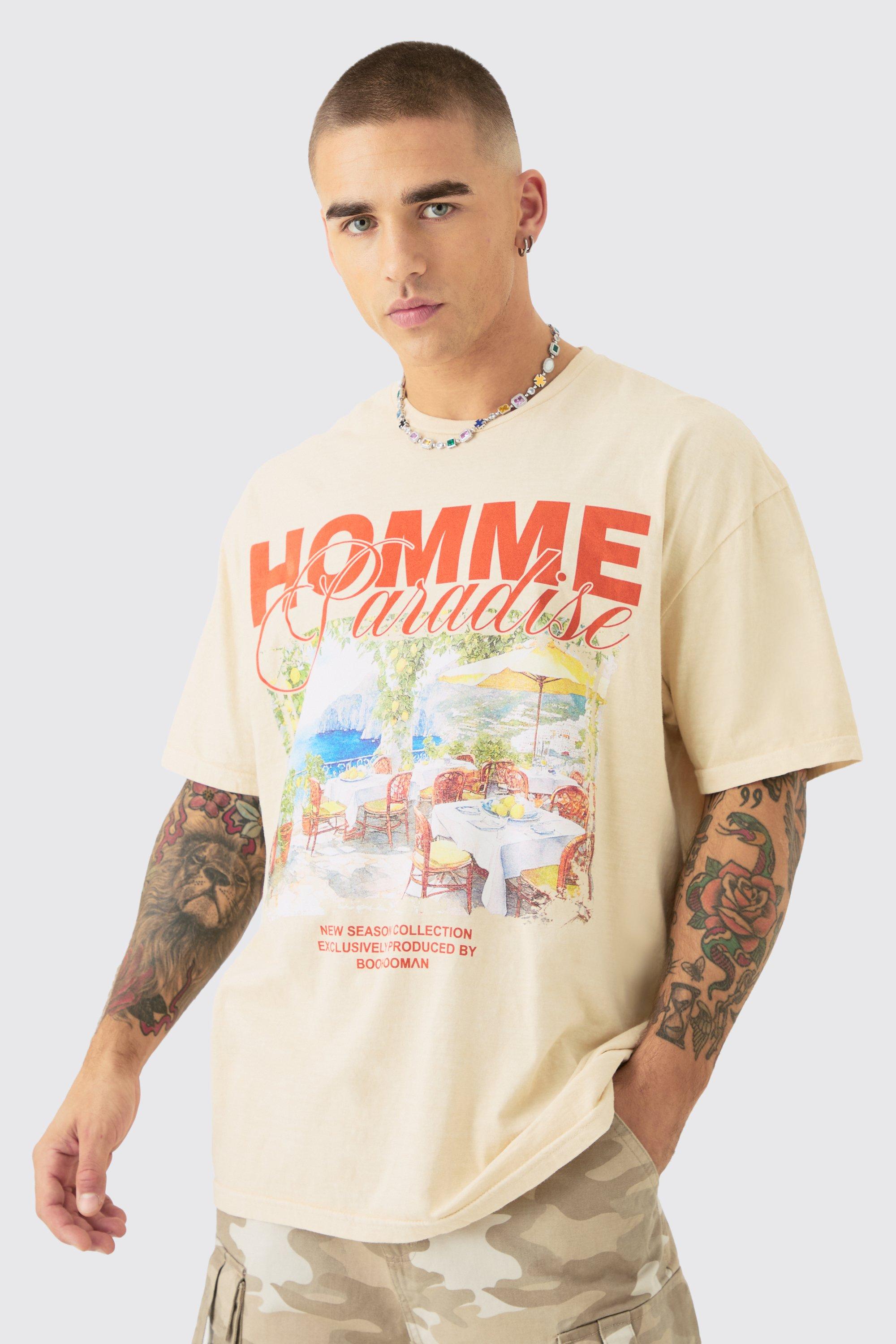 Mens Cream Oversized Wash Homme Paradise Print T-shirt, Cream