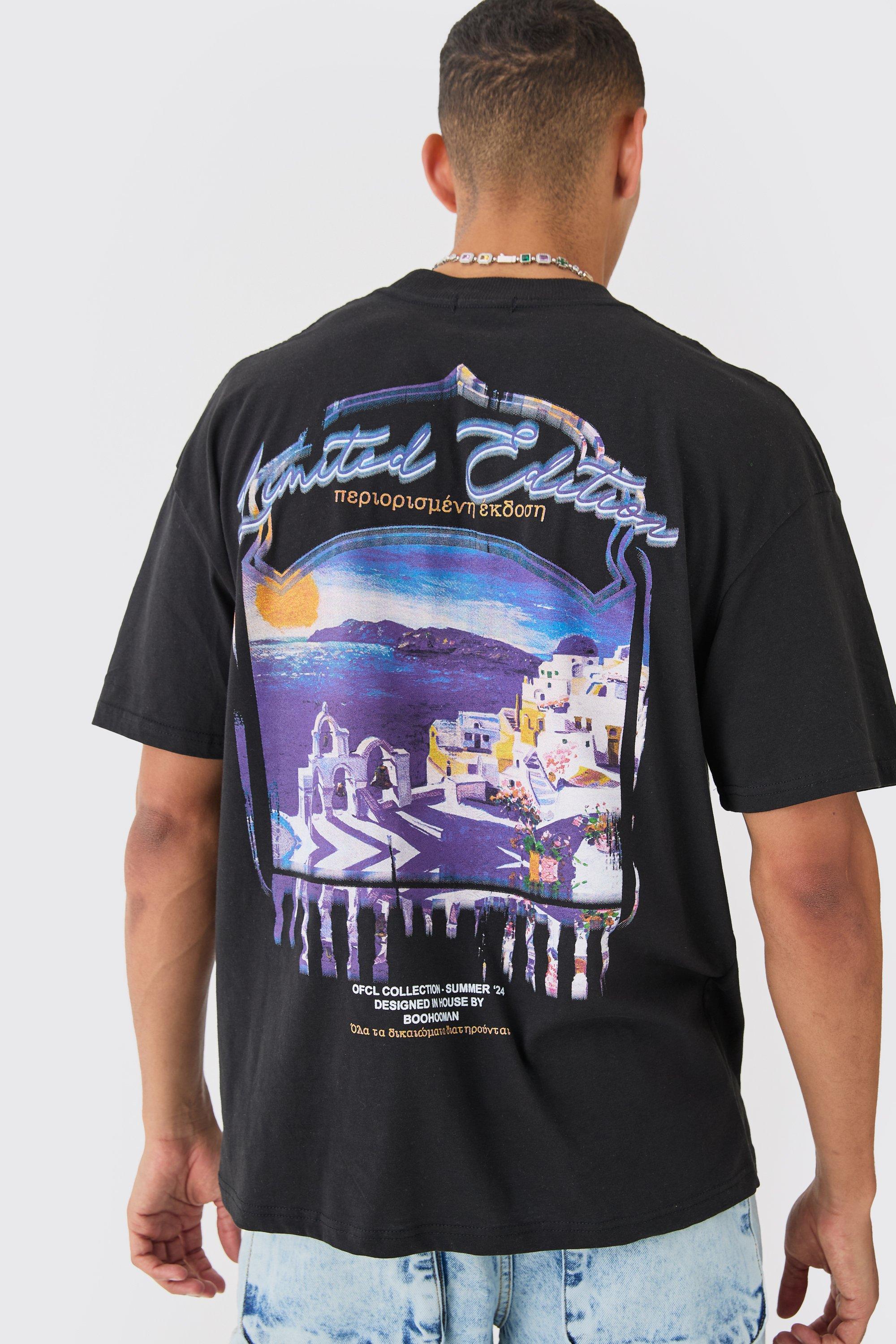 Mens Black Oversized Extended Neck Greek Landscape Back Print T-shirt, Black