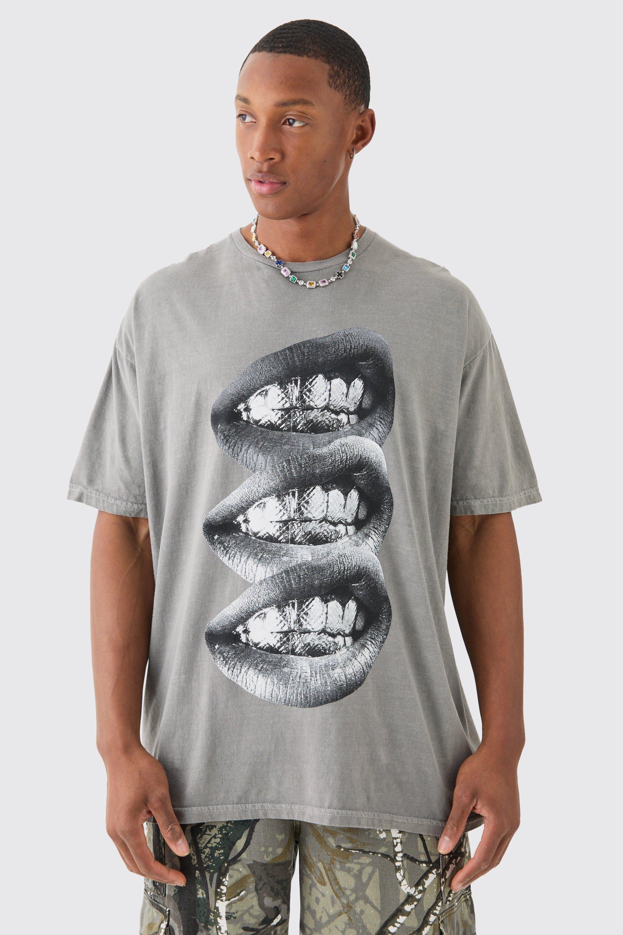 Image of Oversized Washed Lip Graphic T-shirt, Grigio