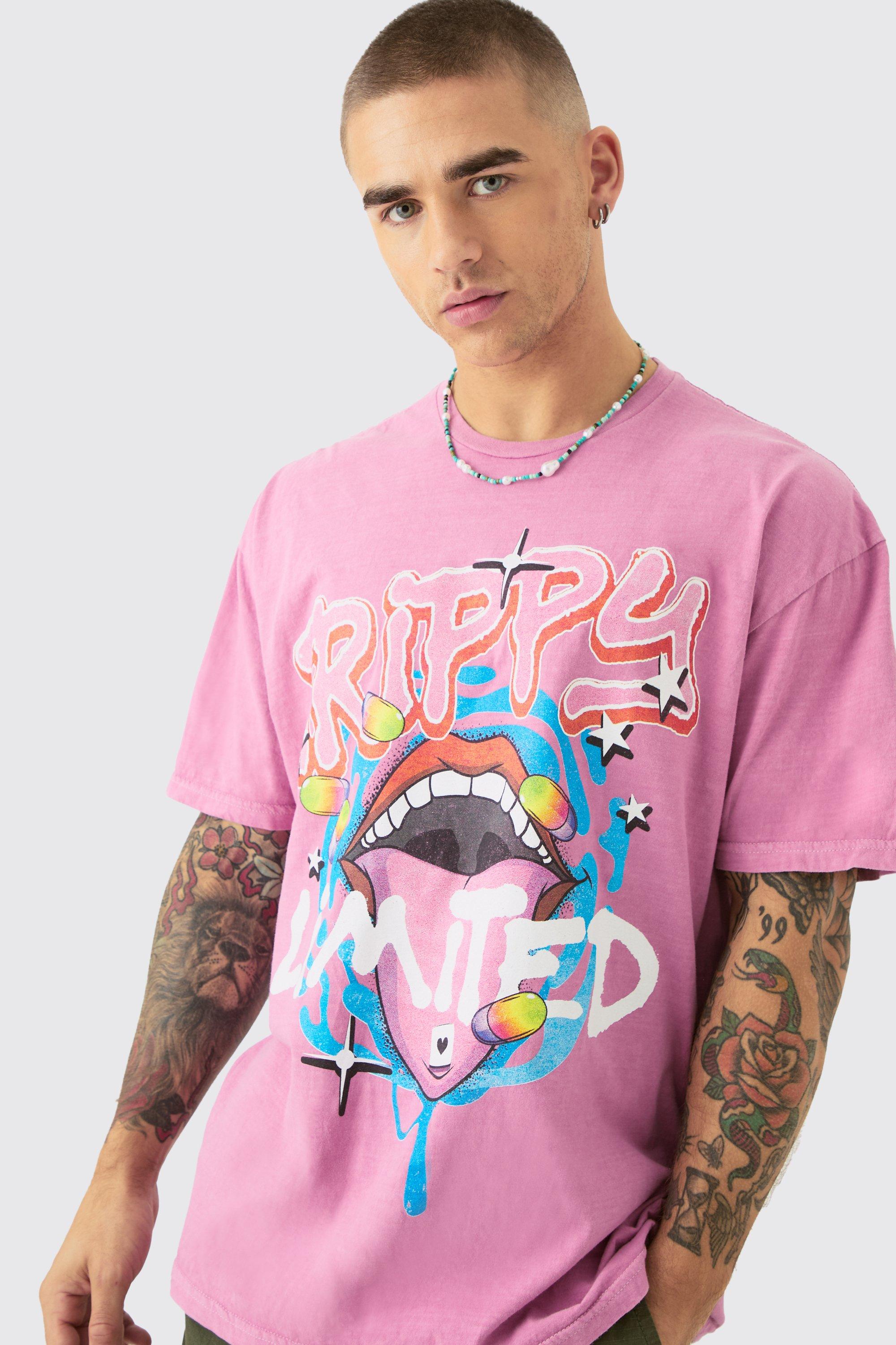 Mens Pink Oversized Trippy Lip Graphic T-shirt, Pink