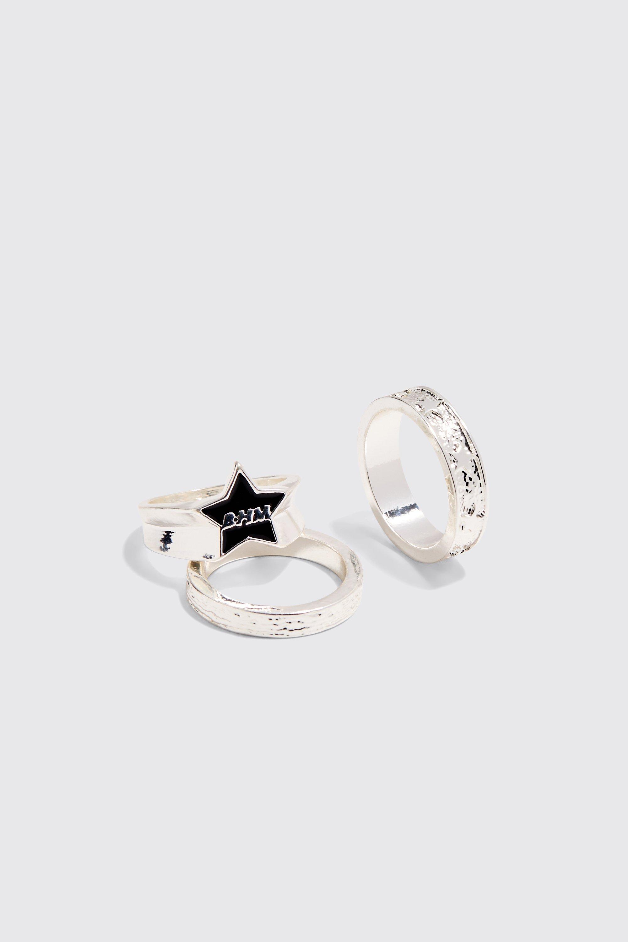 Mens Grey 3 Pack BHM Star Rings In Silver, Grey