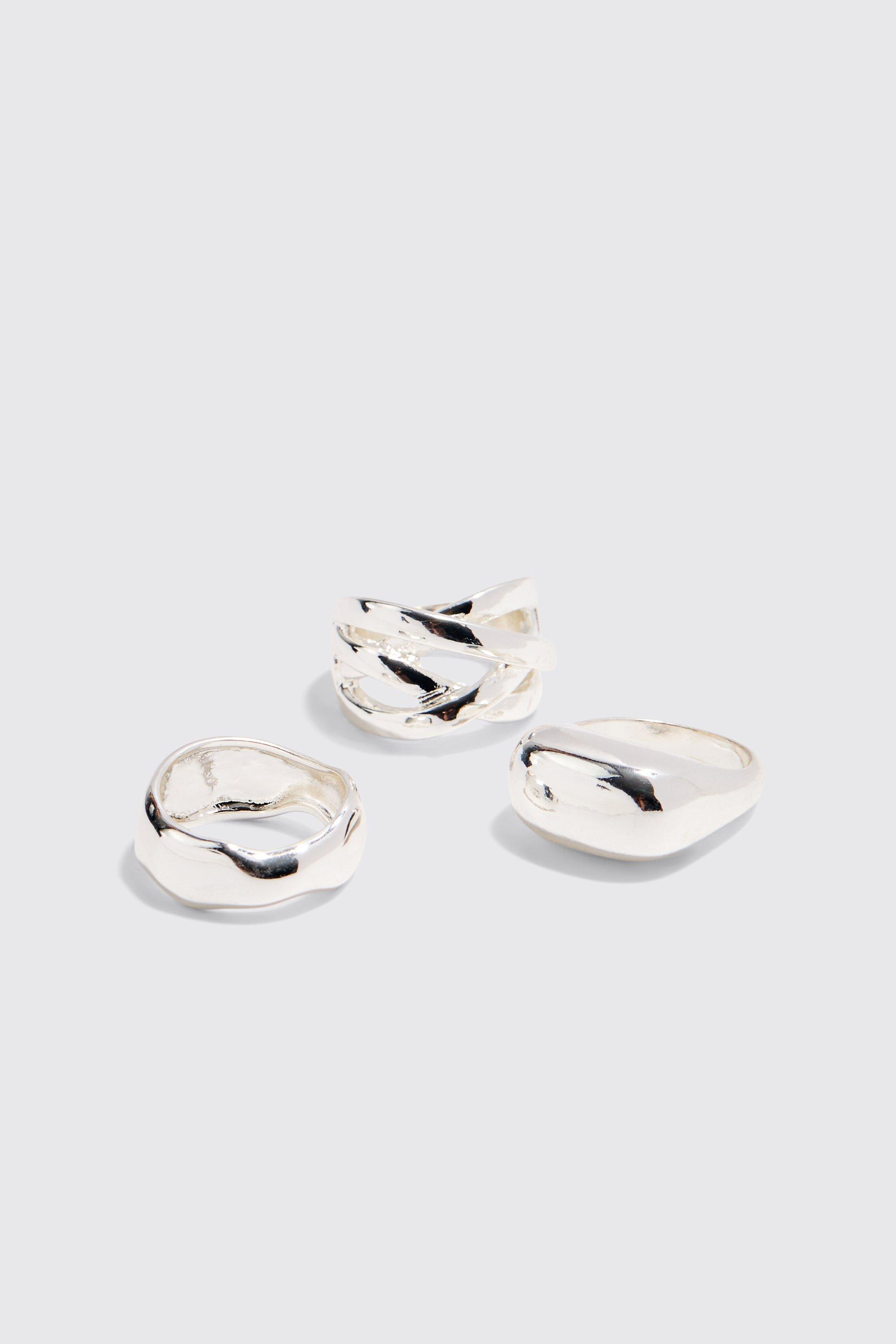 Mens Grey 3 Pack Chunky Rings In Silver, Grey