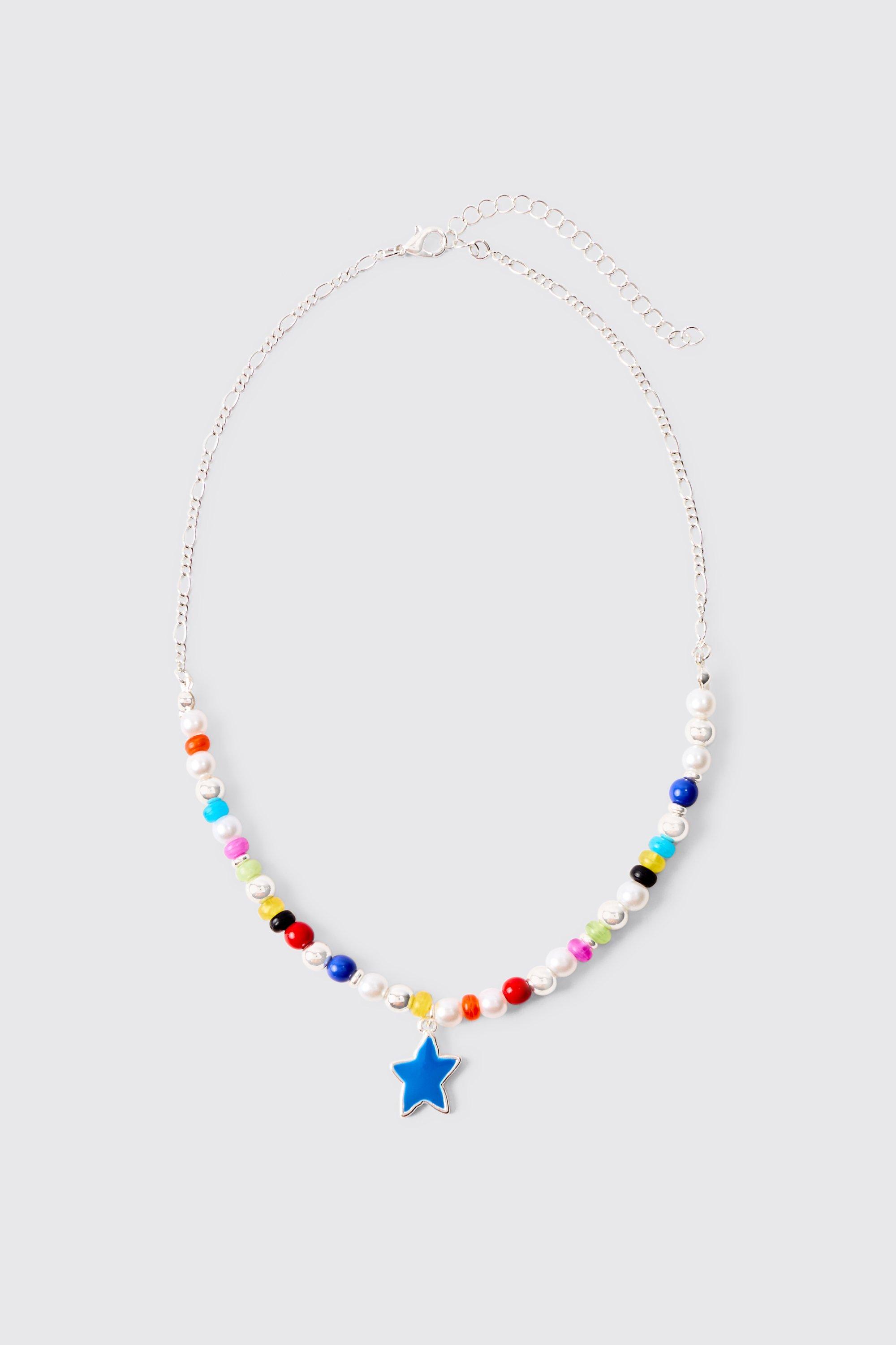 Mens White Star Pendant Bead Necklace, White