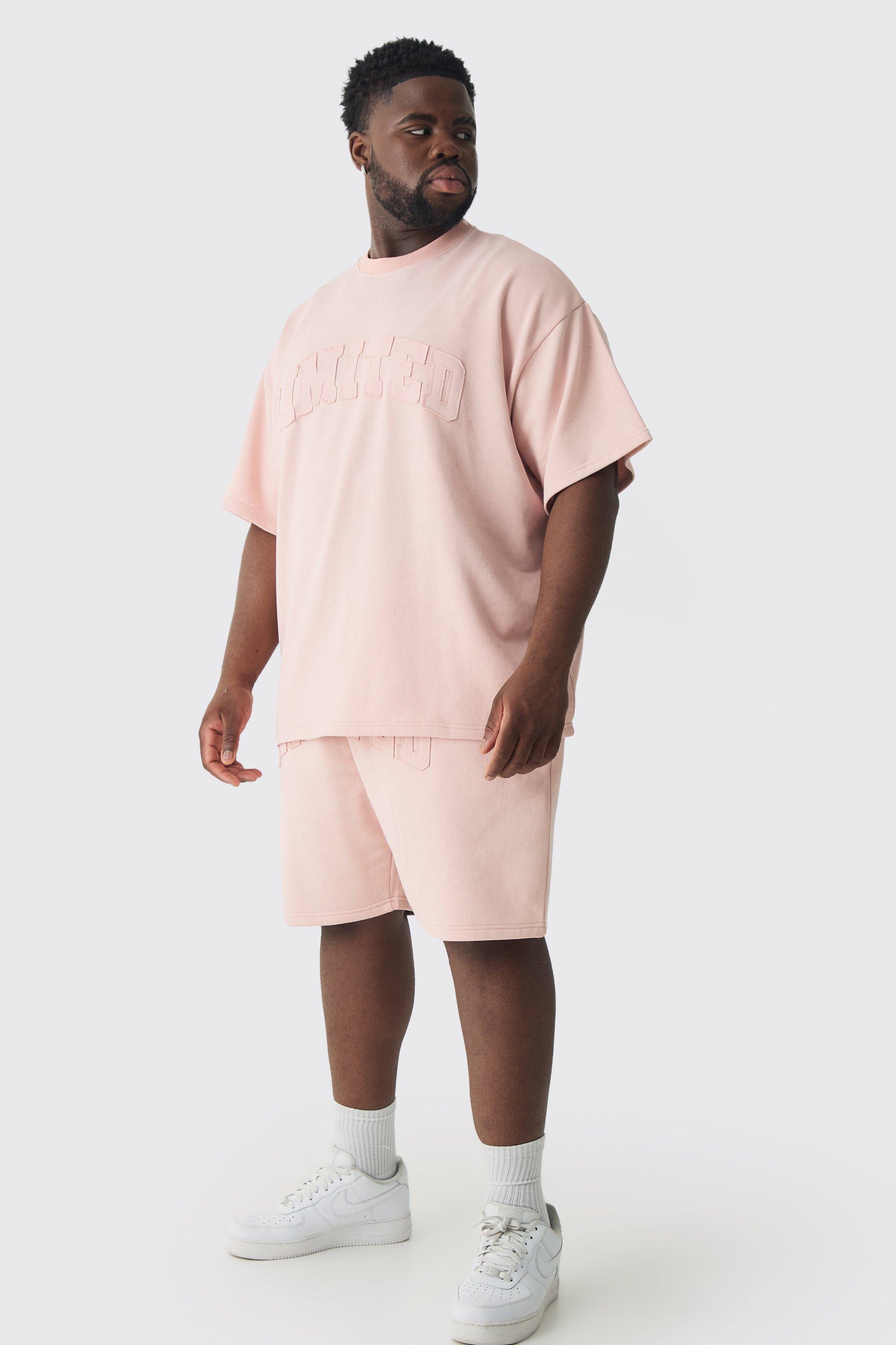 Mens Pink Plus Oversized Limited Applique Washed T-shirt & Short Set, Pink