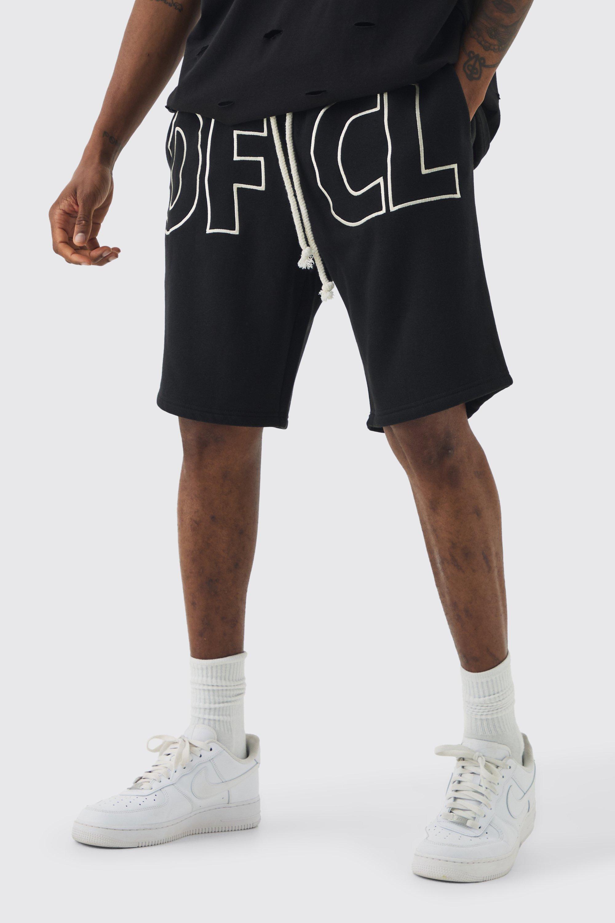 Mens Black Tall Oversized OFCL Applique Jersey Shorts, Black