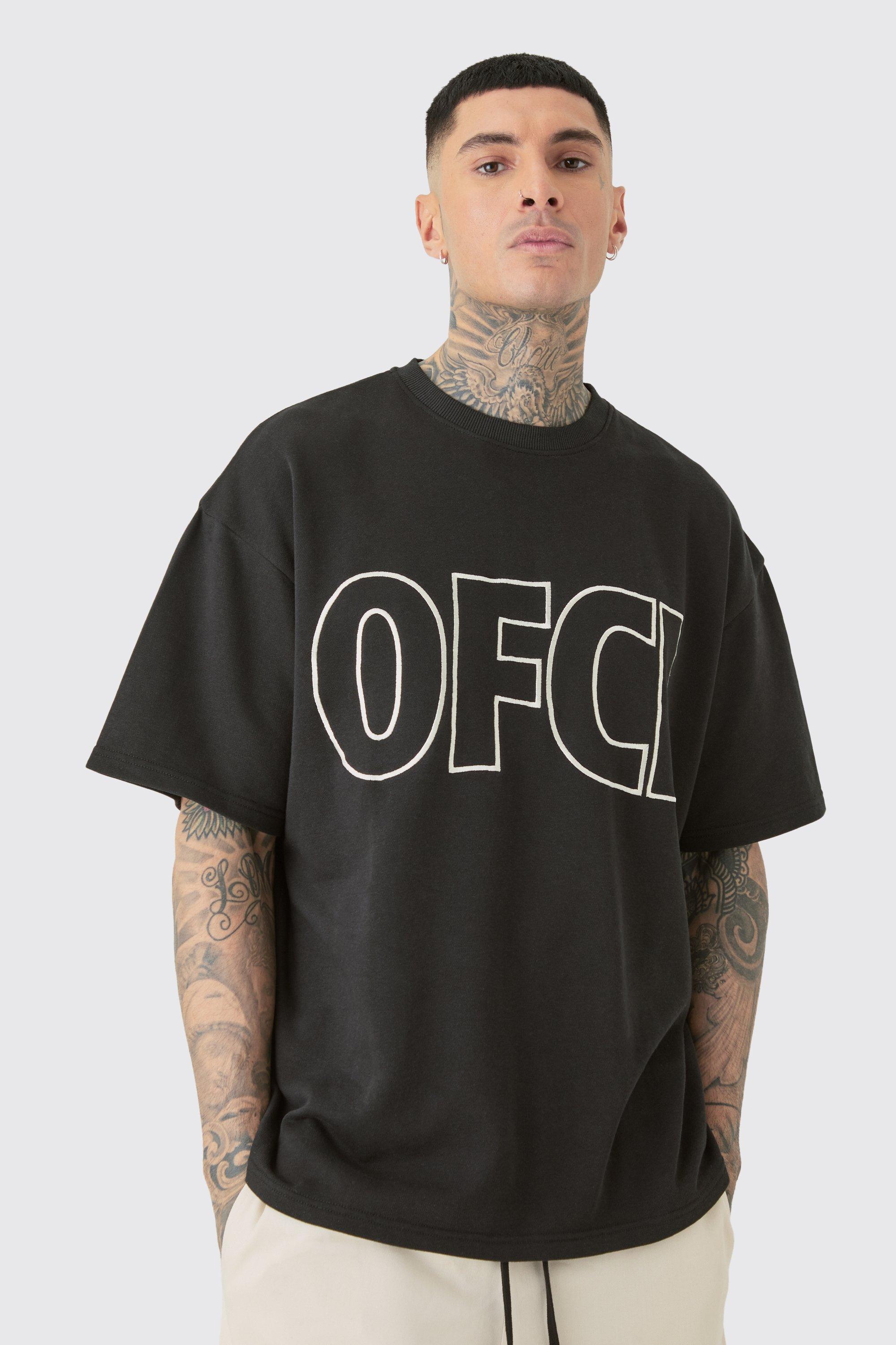 Mens Black Tall Oversized OFCL Embroidered T-Shirt, Black