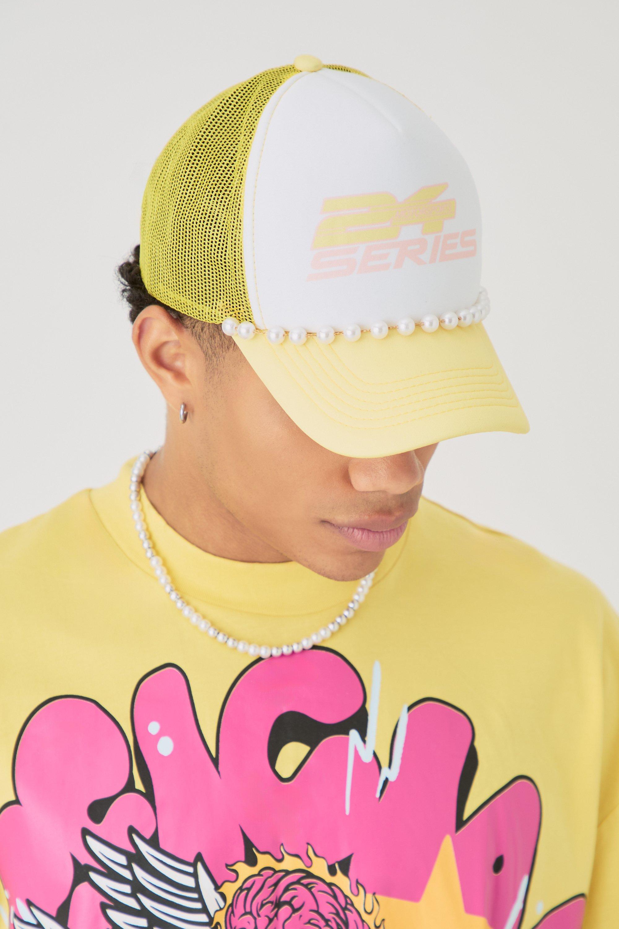 Mens Slogan Foam Front Trucker Cap with Pearl Detail In Pastel Yellow, Yellow