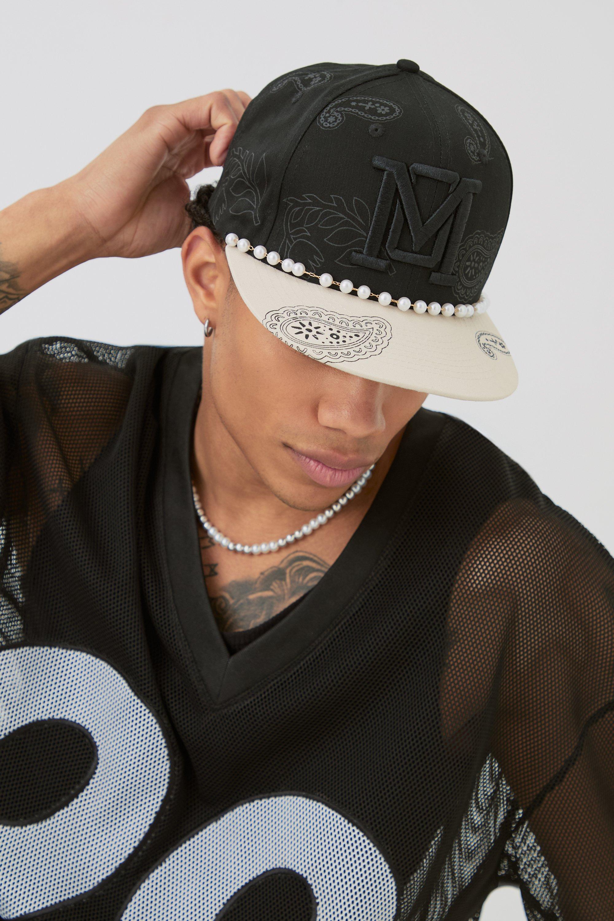 Mens Pearl Embellishment Snapback In Black, Black