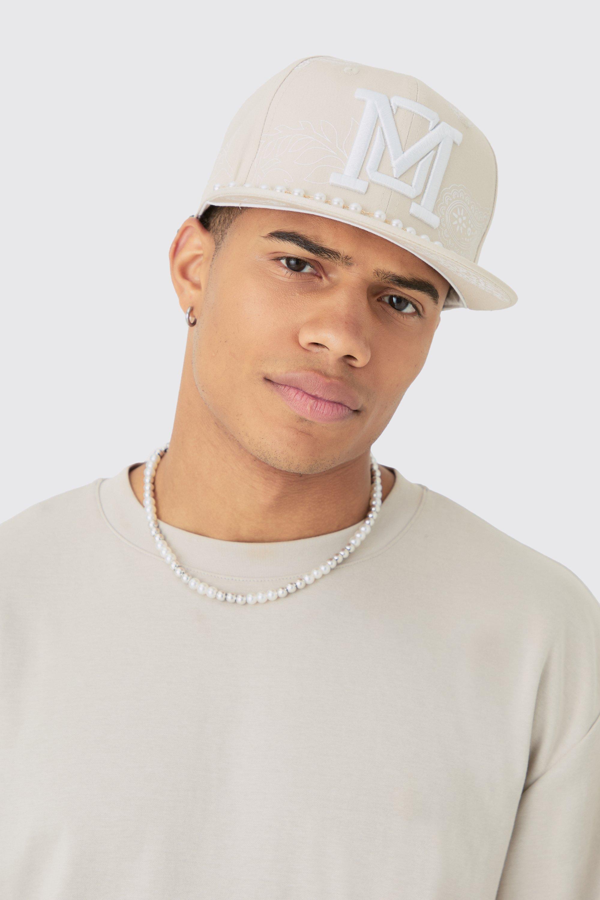 Mens Beige Pearl Embellishment Snapback In Stone, Beige