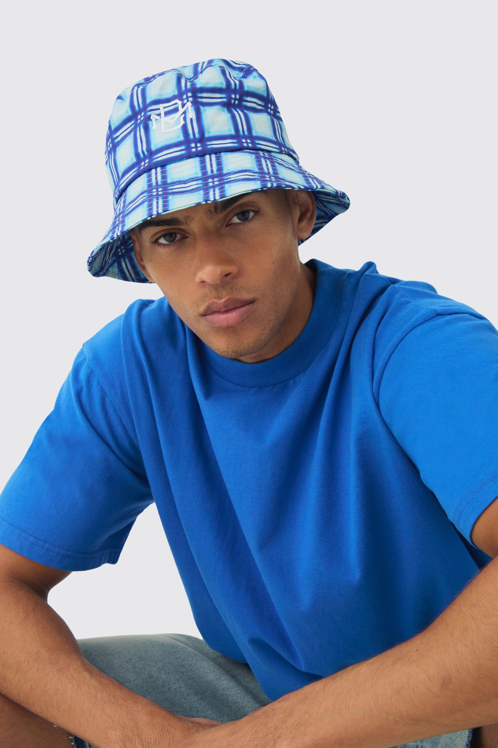 Mens BM Checked Bucket Hat In blue, Blue