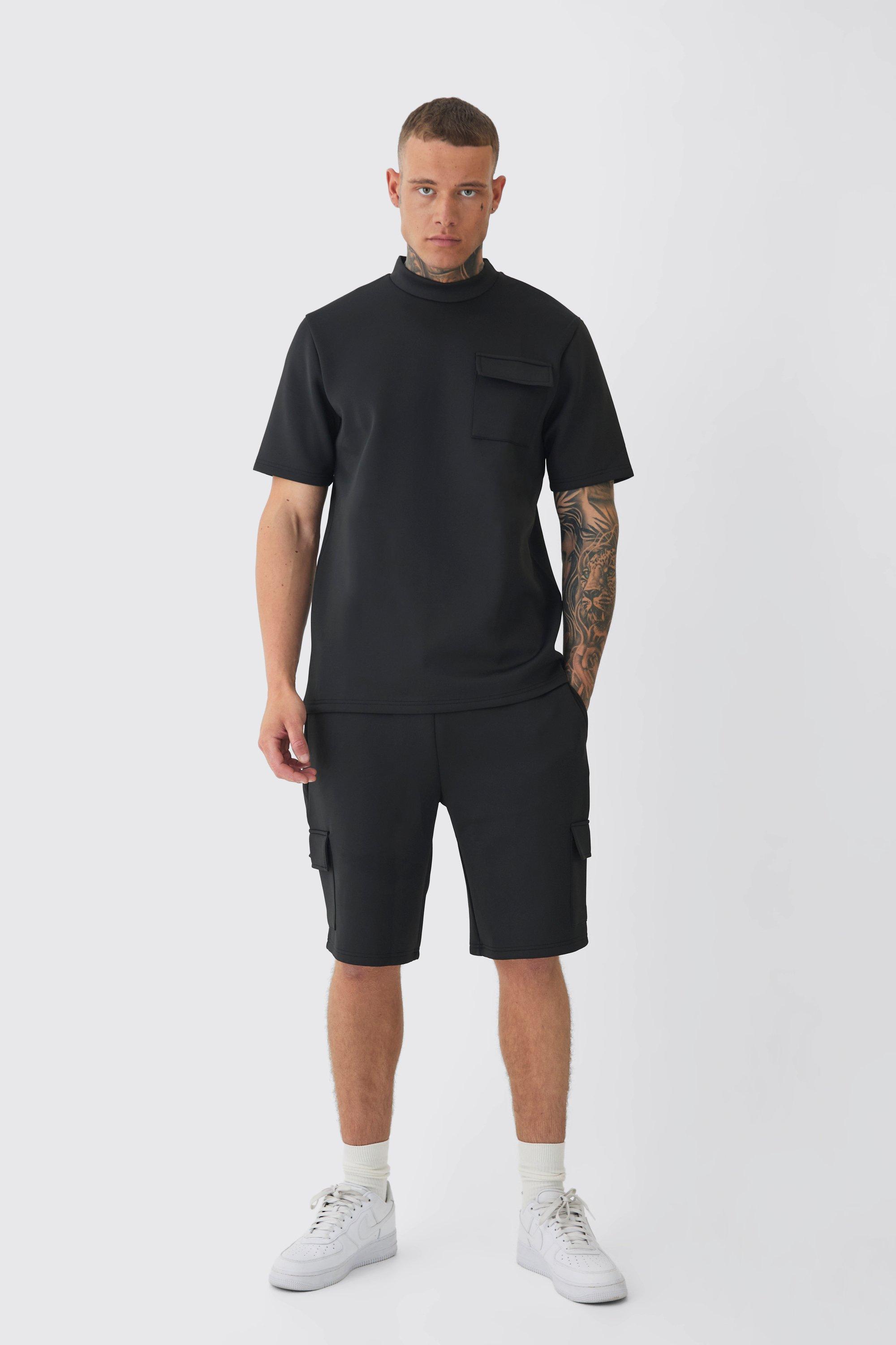 Mens Black Tall Scuba Extended Neck Pocket T-shirt & Cargo Short Set, Black