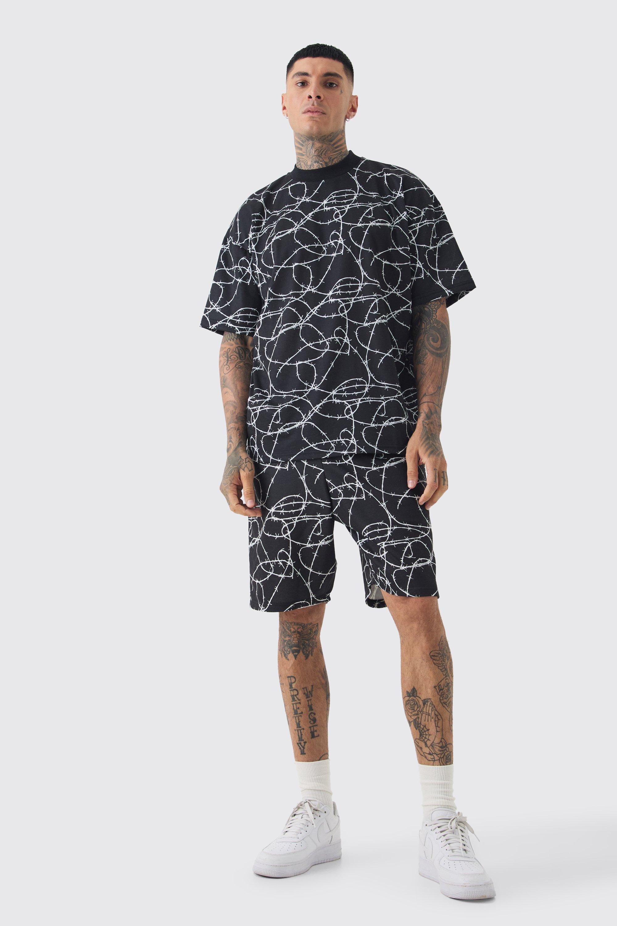 Mens Black Tall Oversized Extended Neck Barbwire T-shirt & Short Set, Black