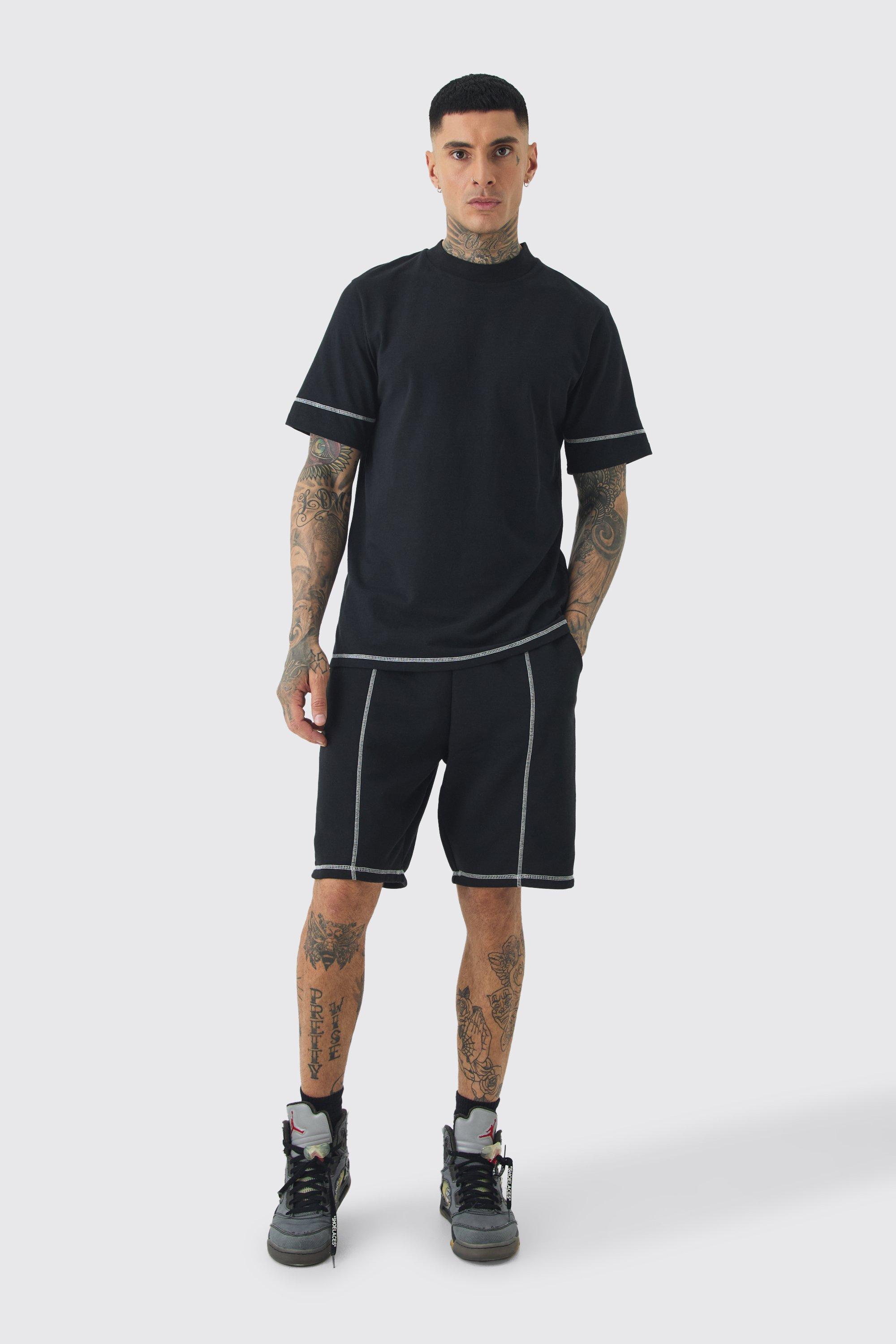 Mens Black Tall Oversized Extended Contrast Sticth T-shirt & Short Set, Black