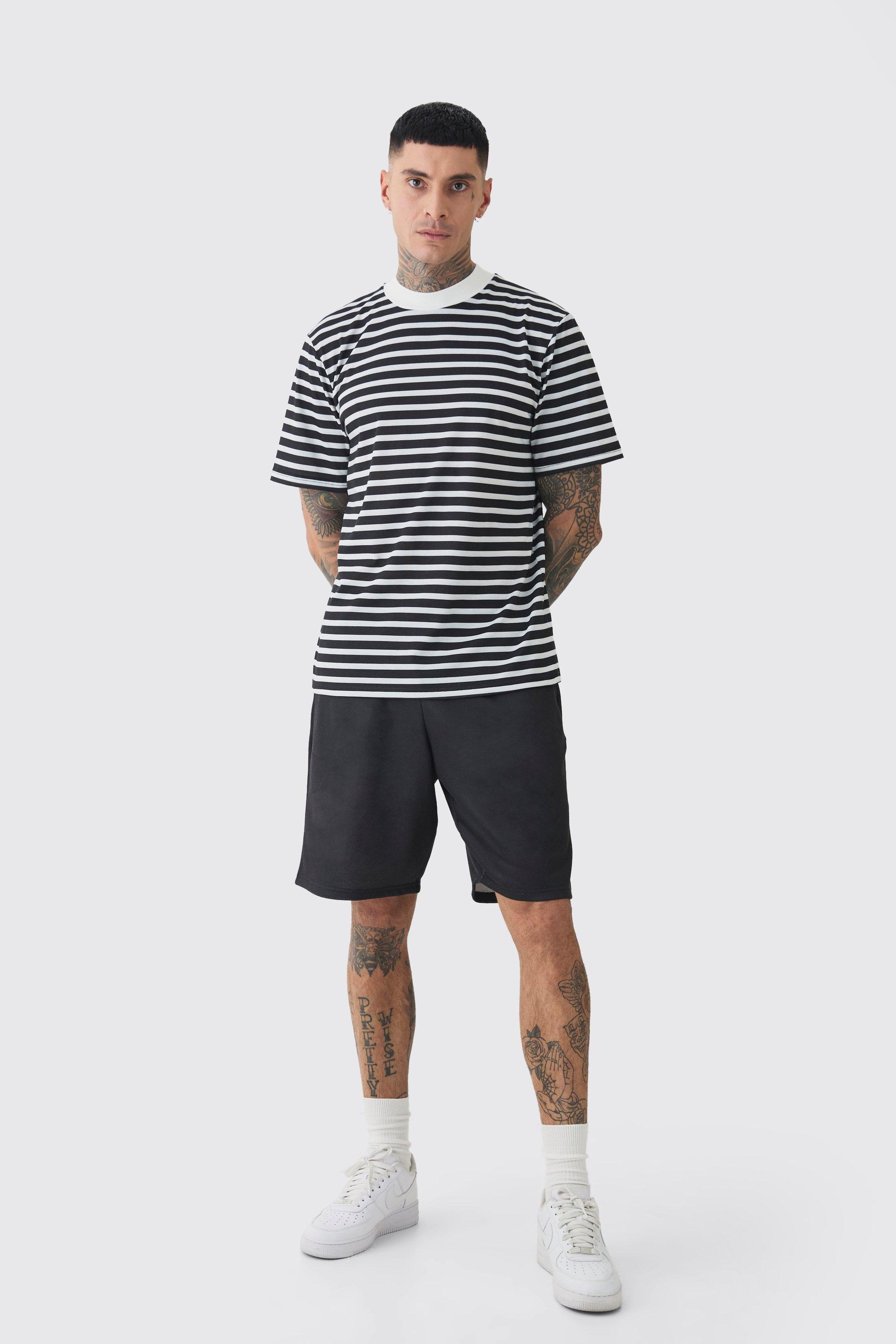 Mens Black Tall Extended Neck Stripe T-shirt & Short Set, Black