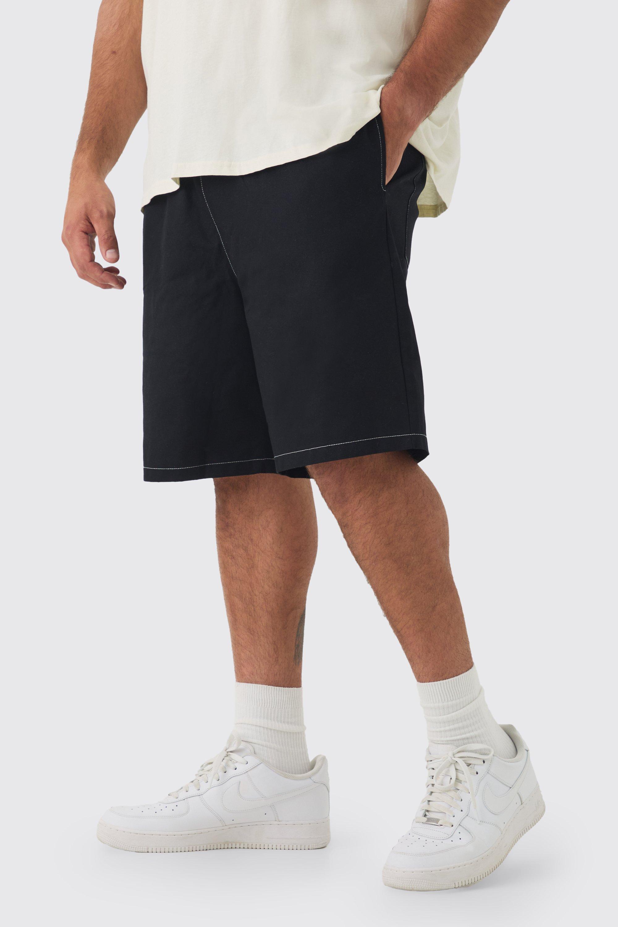 Mens Black Plus Elasticated Waist Relaxed Twill Contrast Stitch Shorts, Black