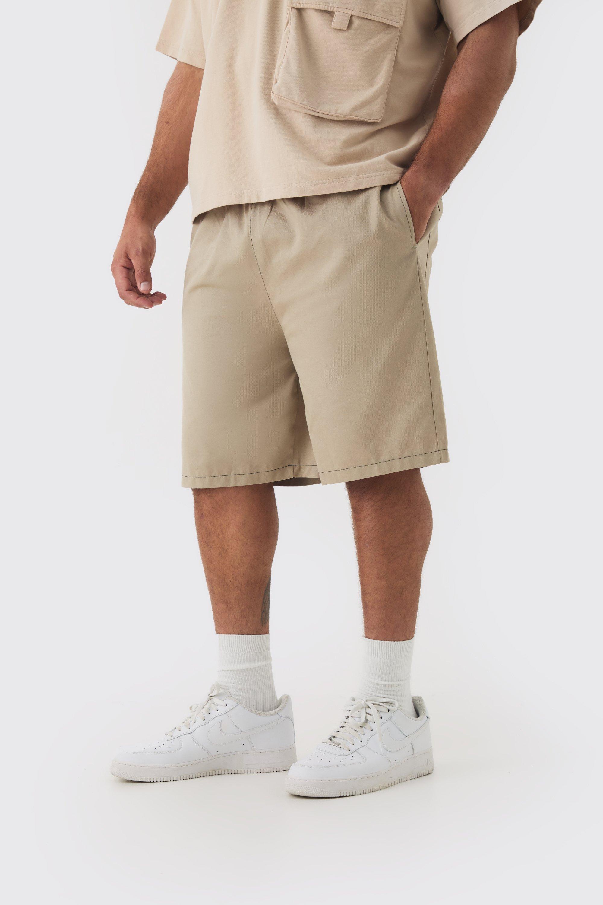 Mens Beige Plus Elasticated Waist Relaxed Twill Contrast Stitch Shorts, Beige