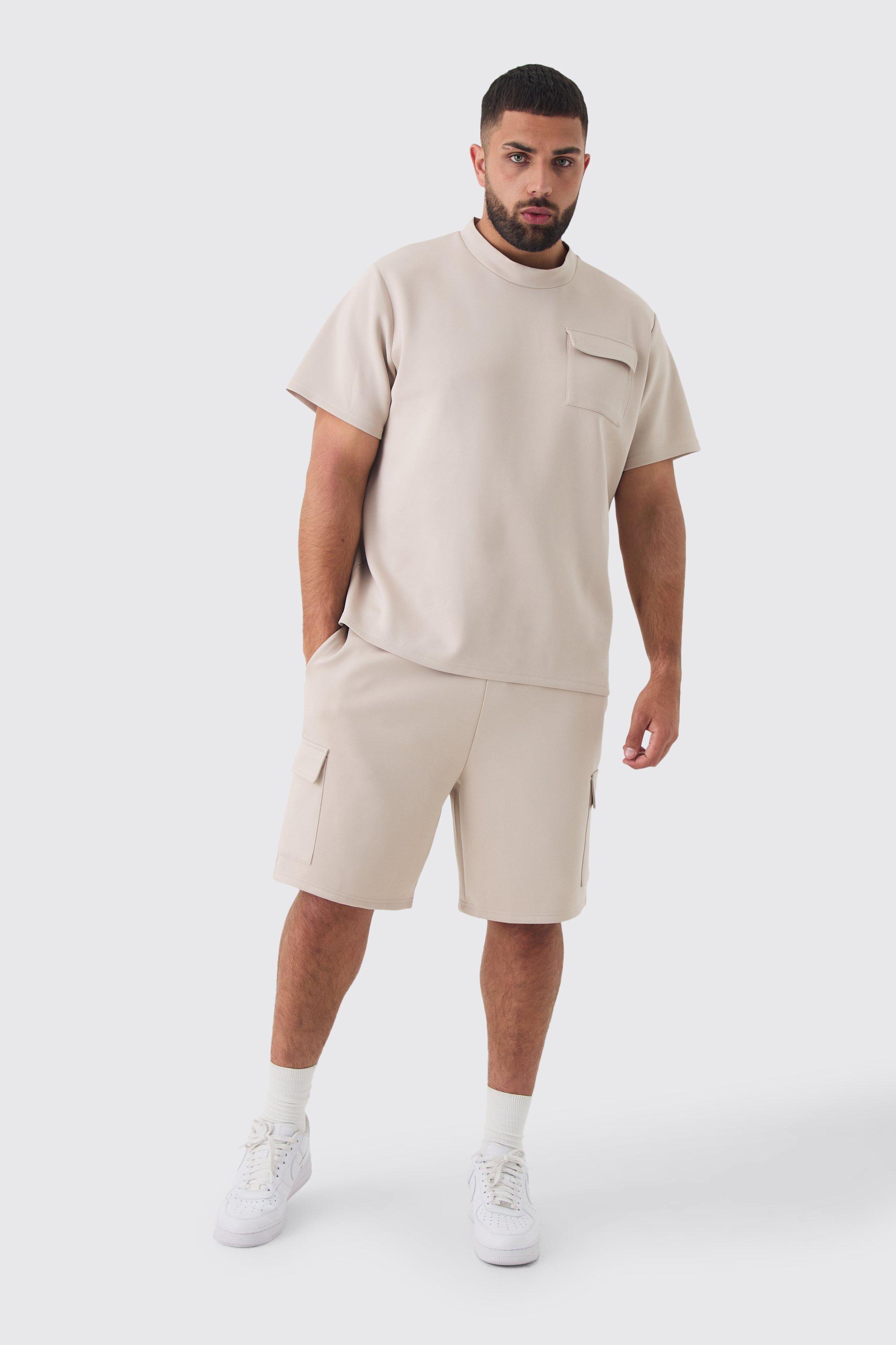 Mens Grey Plus Scuba Extended Neck Pocket T-shirt & Cargo Short Set, Grey