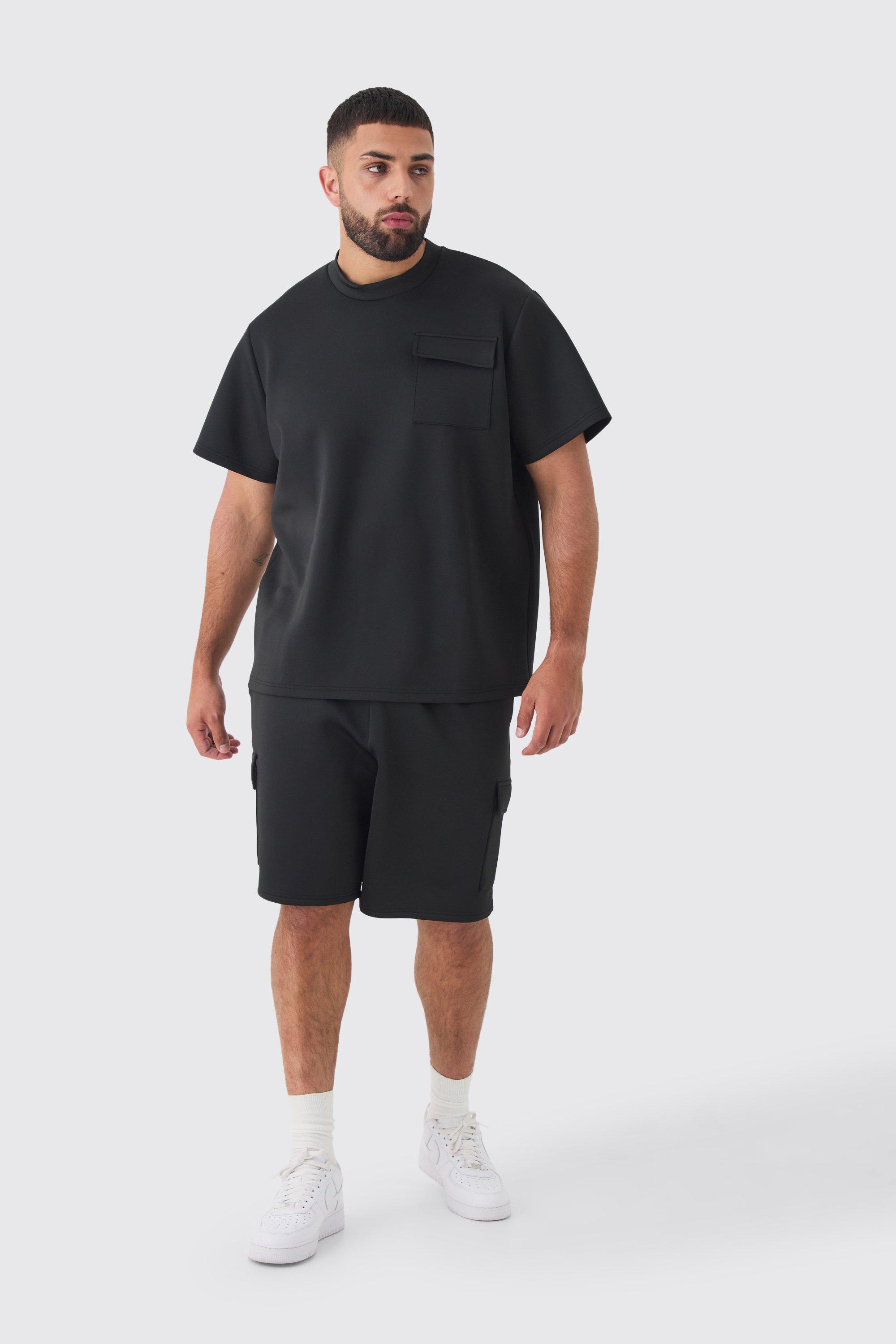 Mens Black Plus Scuba Extended Neck Pocket T-shirt & Cargo Short Set, Black