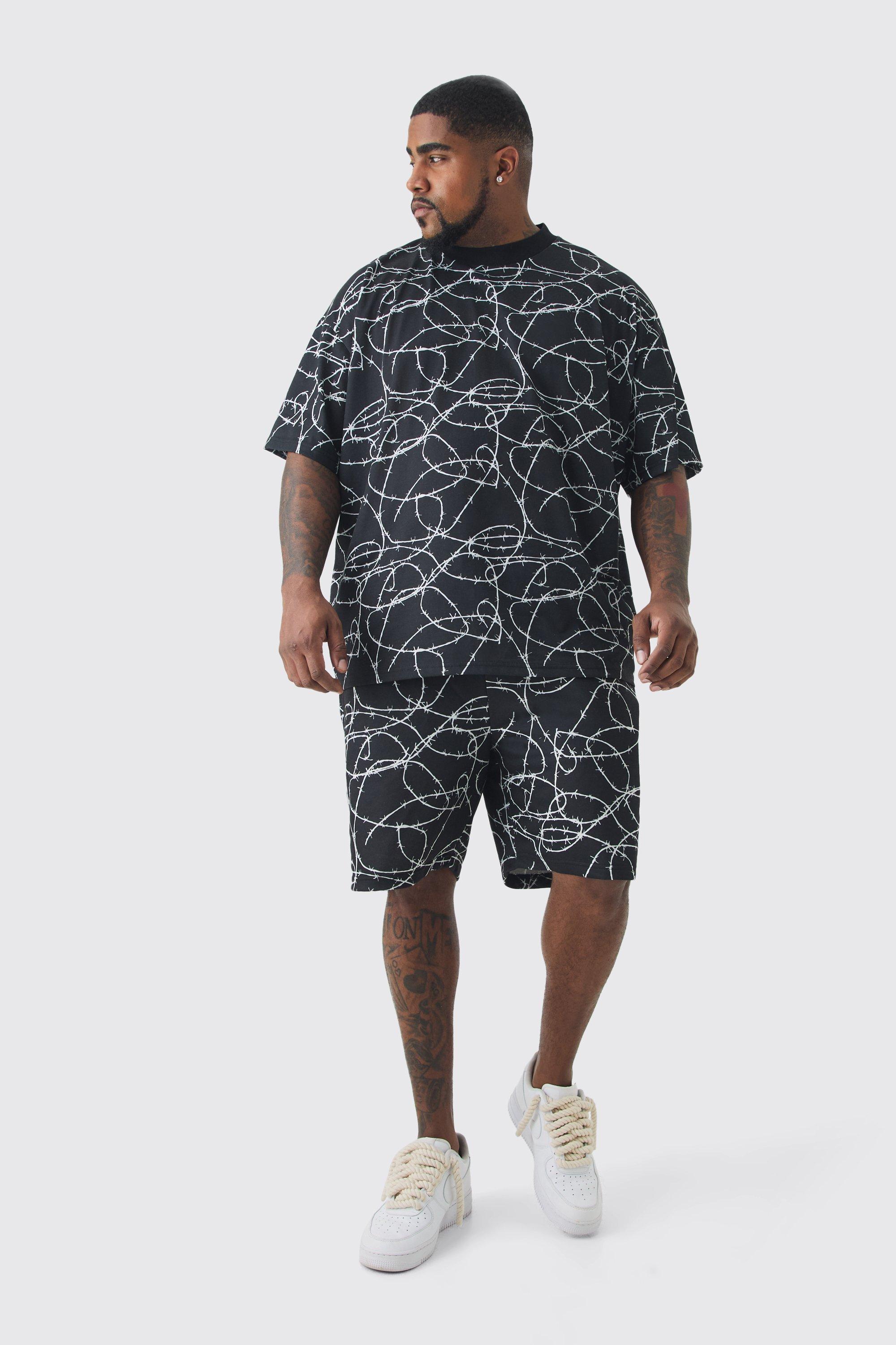 Mens Black Plus Oversized Extended Neck Barbwire T-shirt & Short Set, Black