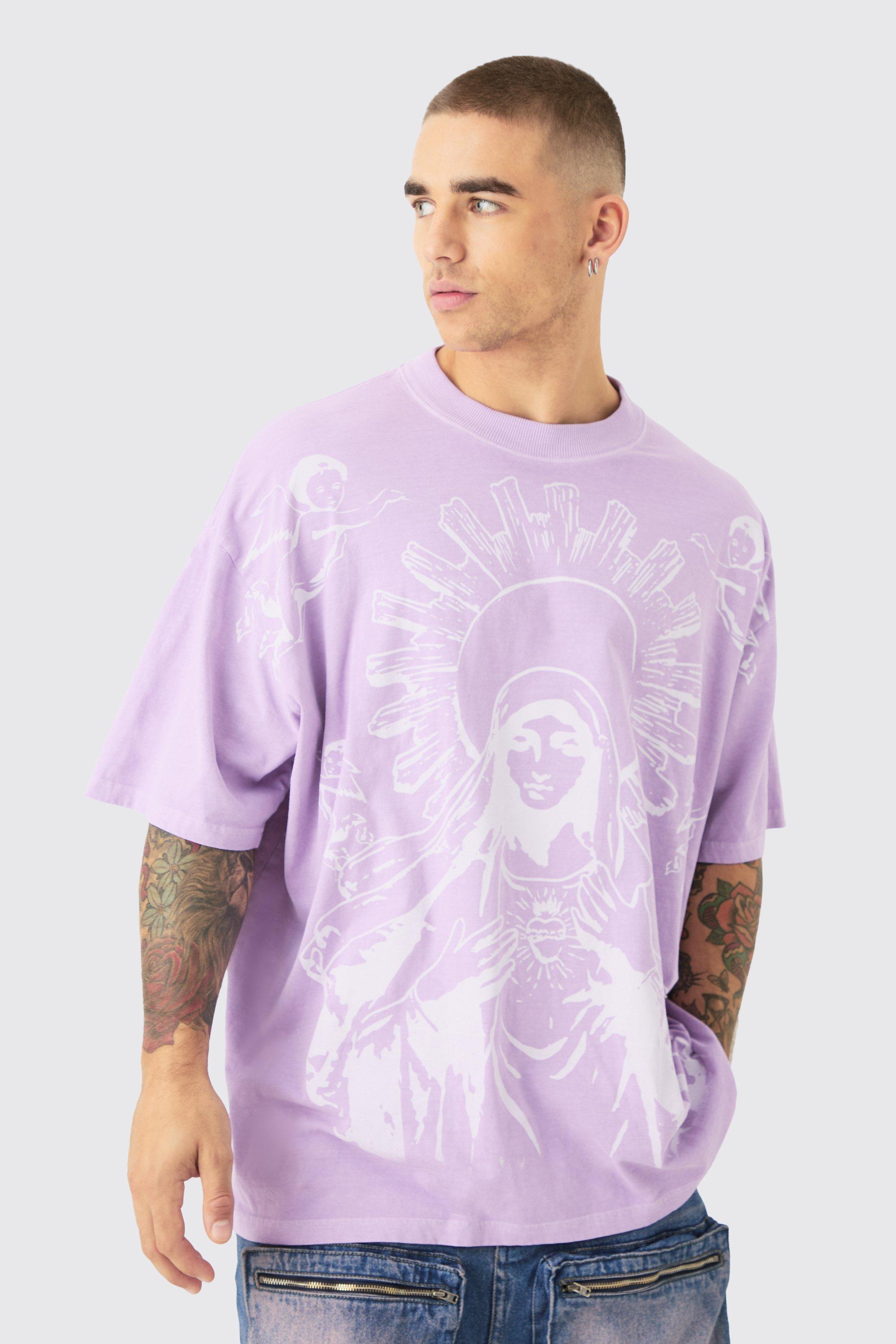 Image of Oversized Over The Seam Renaissance Line Print T-shirt, Purple