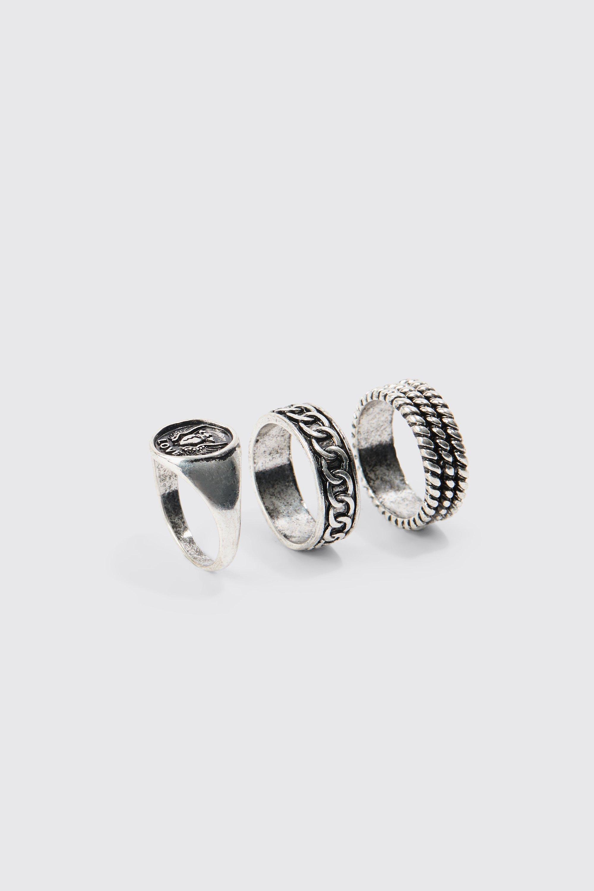 Mens Grey 3 Pack Embossed Rings In Silver, Grey